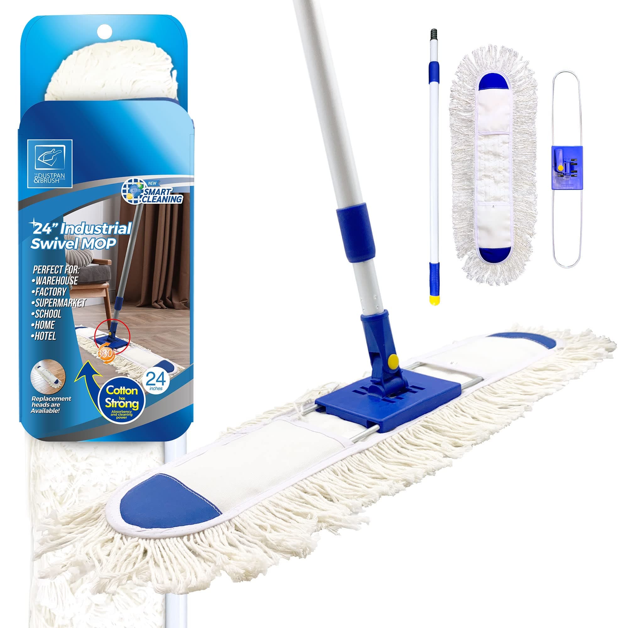 Large Flat Mop 60cm Industrial Kit with Absorbent Cotton Pad, Telescopic Handle 77-133cm, Swivel Head for Cleaning Warehouse, Hotel and Home