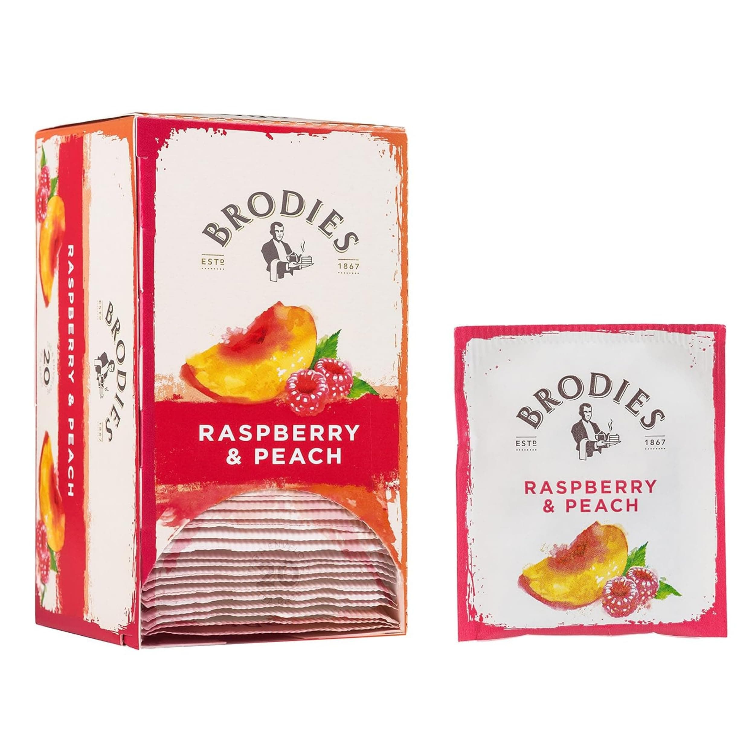 Brodies Tea, Raspberry & Peach, Caffeine Free Tea Imported from Scotland, Box of 20 Tag and Envelope Bags (Pack of 1)