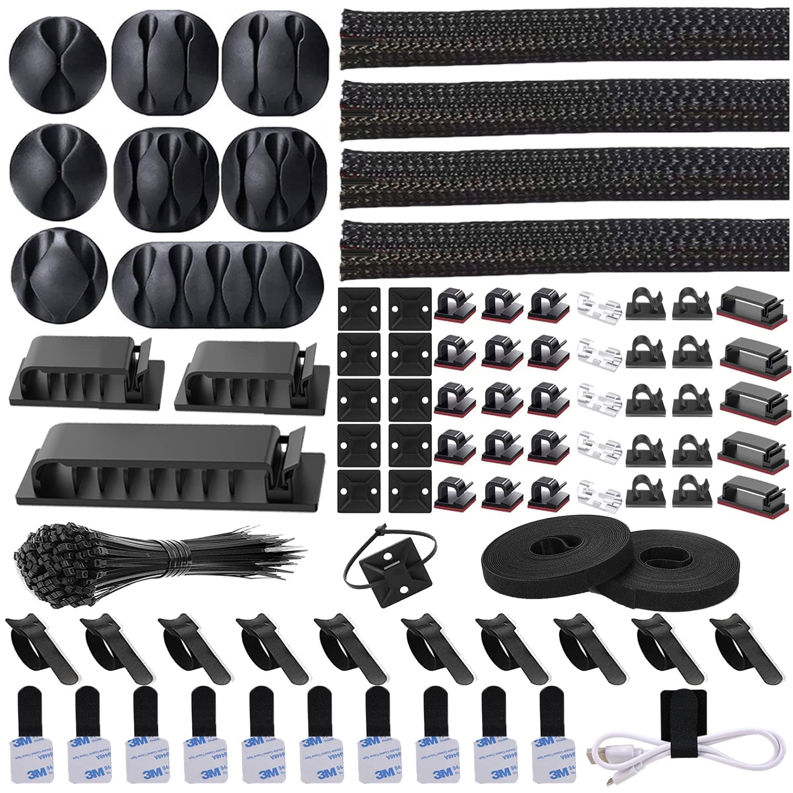 N NOROCME 192 PCS Cable Management Kit - Wire Organizer Sleeve, Holder, Cord Clips, Organizer Straps, Fastening Ties for Computer TV Under Desk - Black, Clear