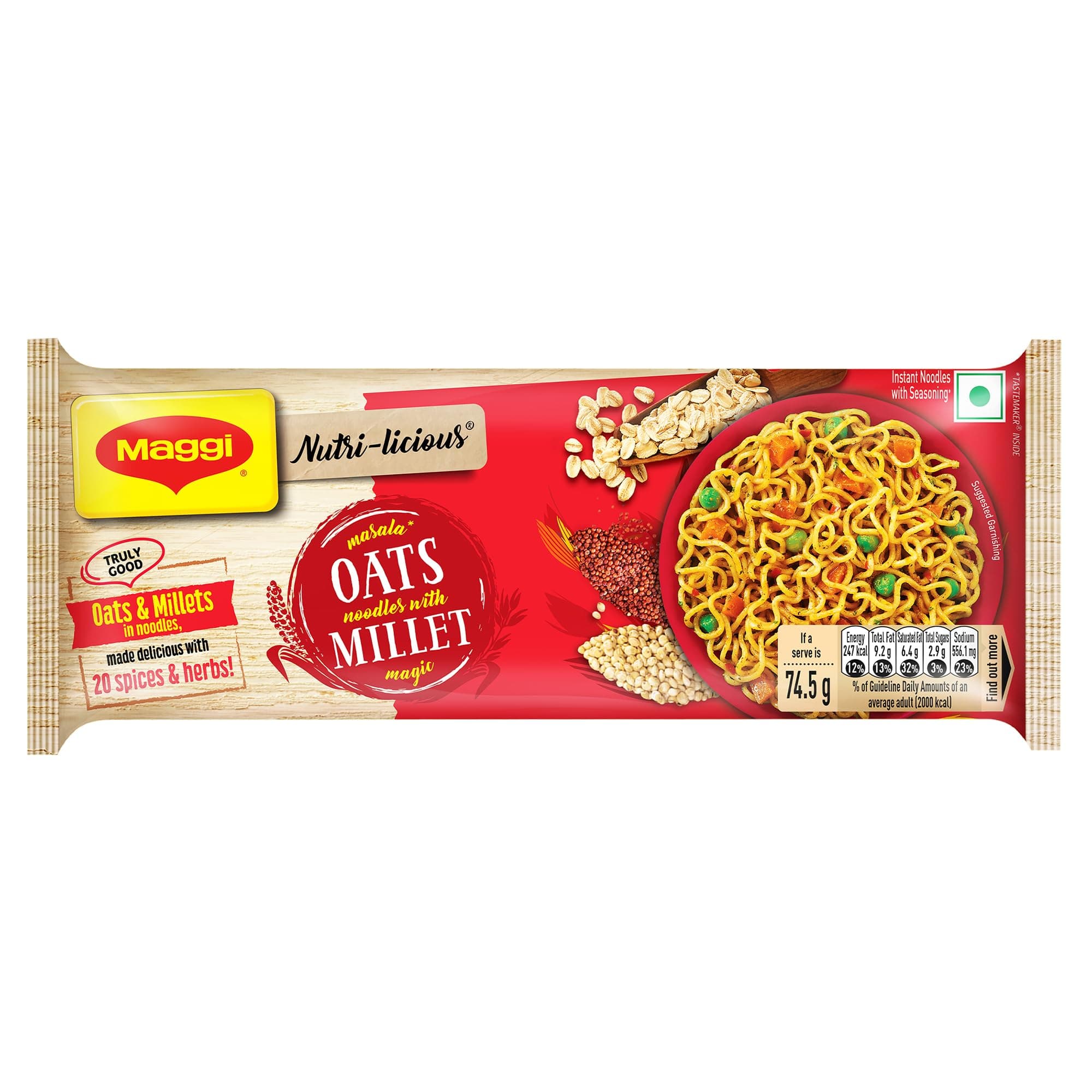 MAGGI Nutri-Licious Masala Oats Instant Noodles With Millet Magic, 20 Spices & Herbs, Source Of Fiber & Protein, Easy To Make Instant Noodles, 298g, Packet