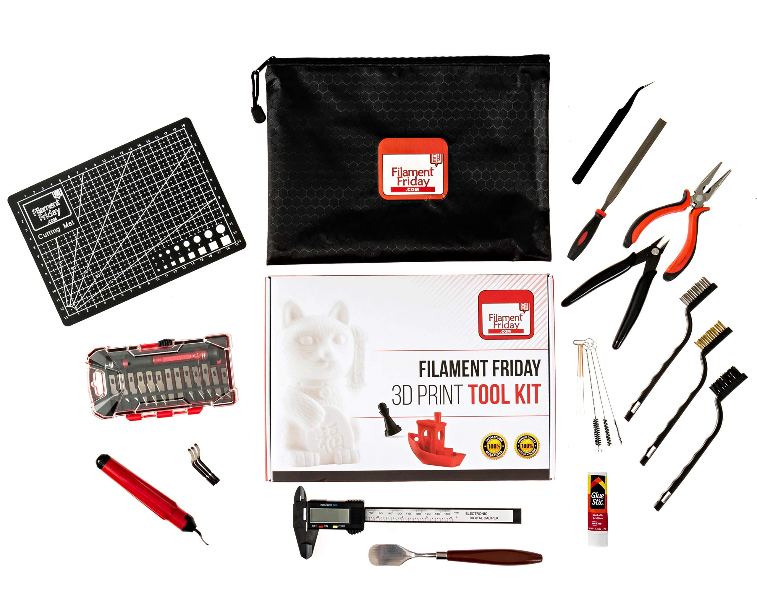 Filament Friday 32 Essential 3D Print Tool Kit for Finishing Cleaning and Printing with Convenient Zipper Pouch and Removal Set