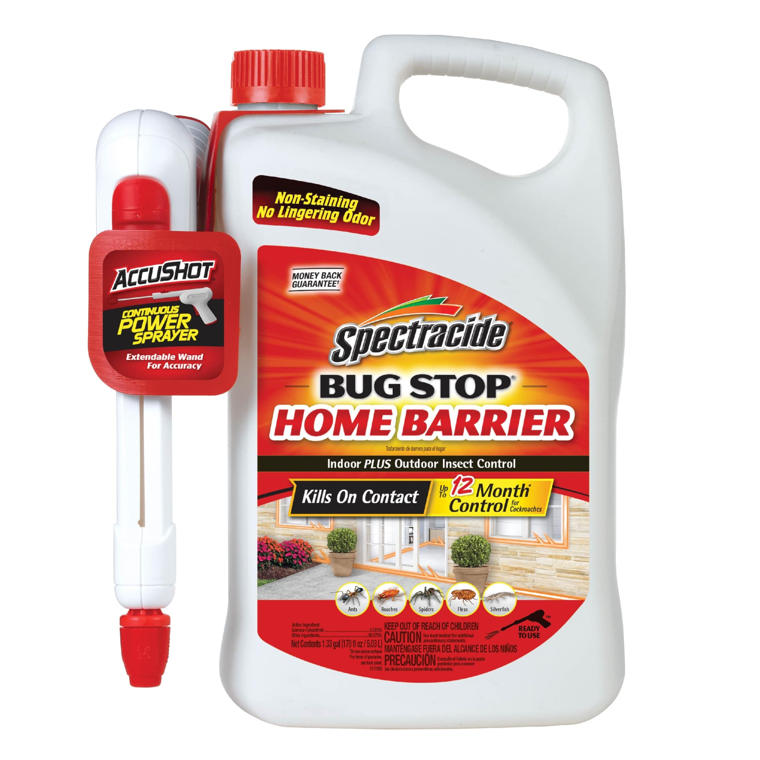 Spectracide Bug Stop Home Barrier, Kills Ants, Roaches and Spiders On Contact, Indoor and Outdoor Insect Control, 1.33 Gallon (RTU Accushot Spray), Plain