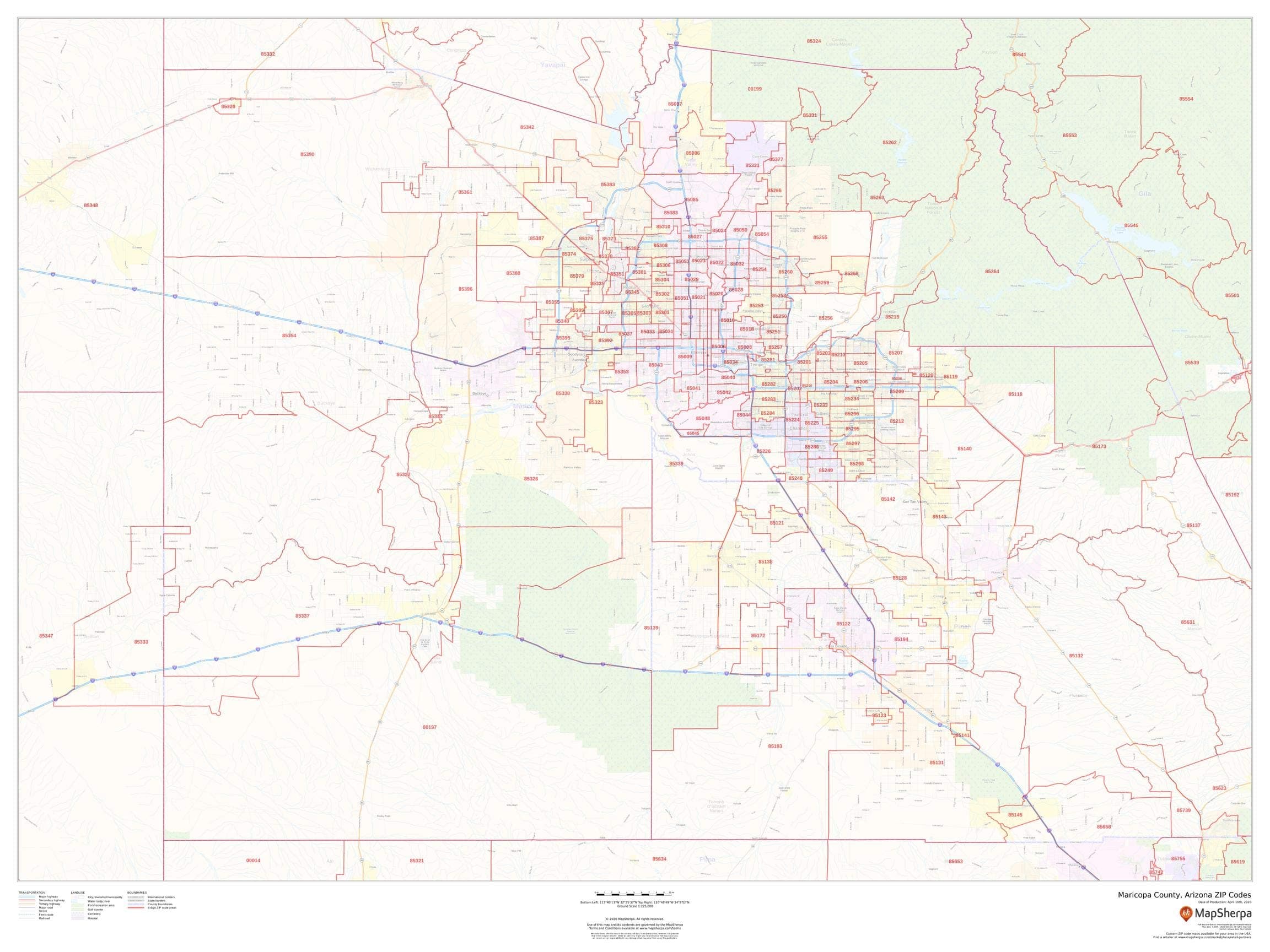 Maricopa County, Arizona Zip Codes - 48" x 36" Laminated Wall Map