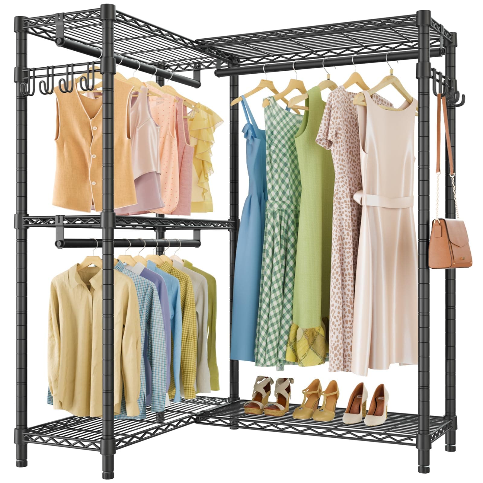 – L4 L Shaped Clothes Rail for Corner, 3 Hanging Rods Freestanding Wardrobe Closet with Shelves and Side Hooks, Heavy Duty Clothes Rail for Small Spaces, Max Load 810lbs, Black