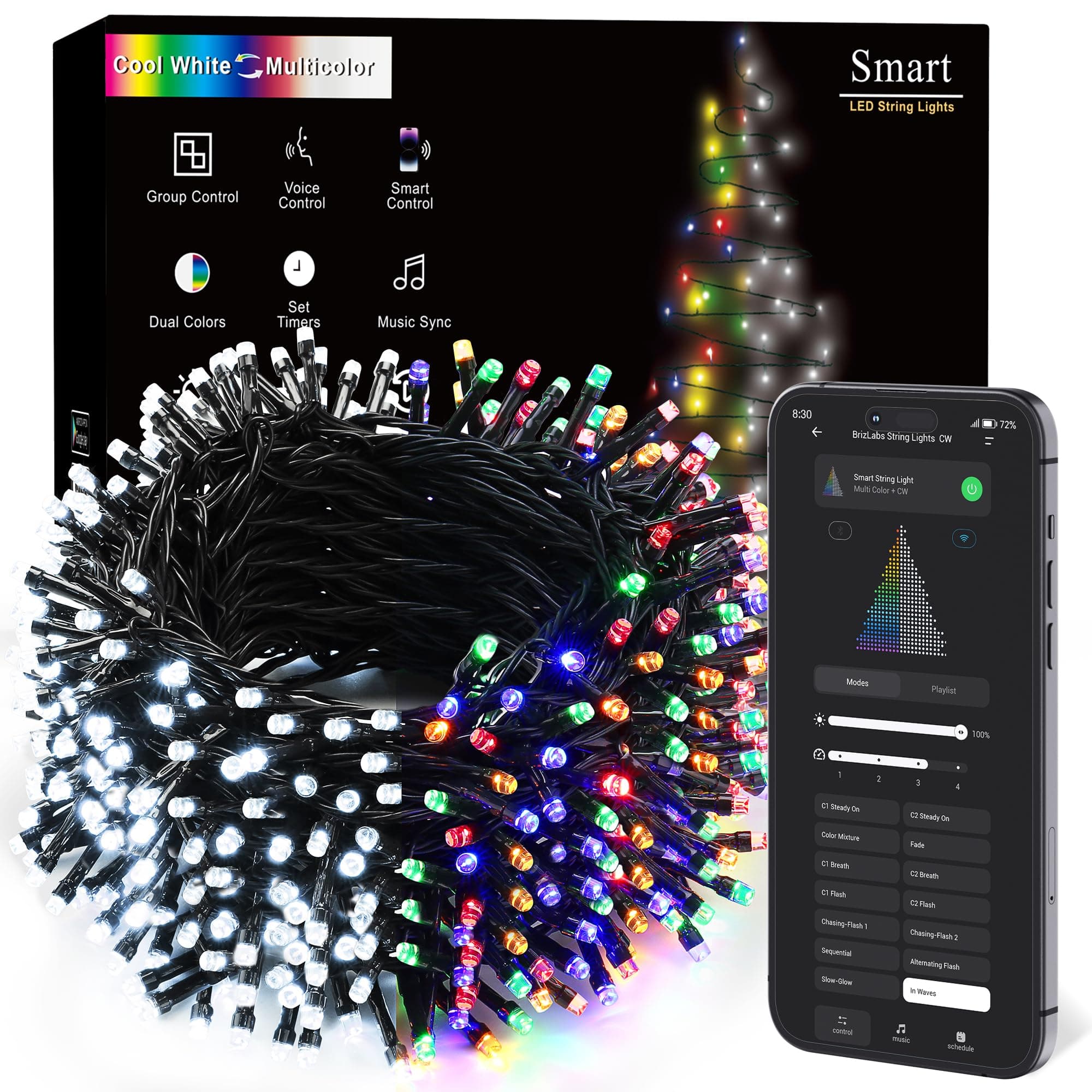 BrizLabs Christmas Lights App & Voice Control, 180ft 500 LED Color Changing Smart Christmas Fairy String Lights, Cool White & Colored Outdoor Mini Tree Light String for Indoor Outside Xmas Decor