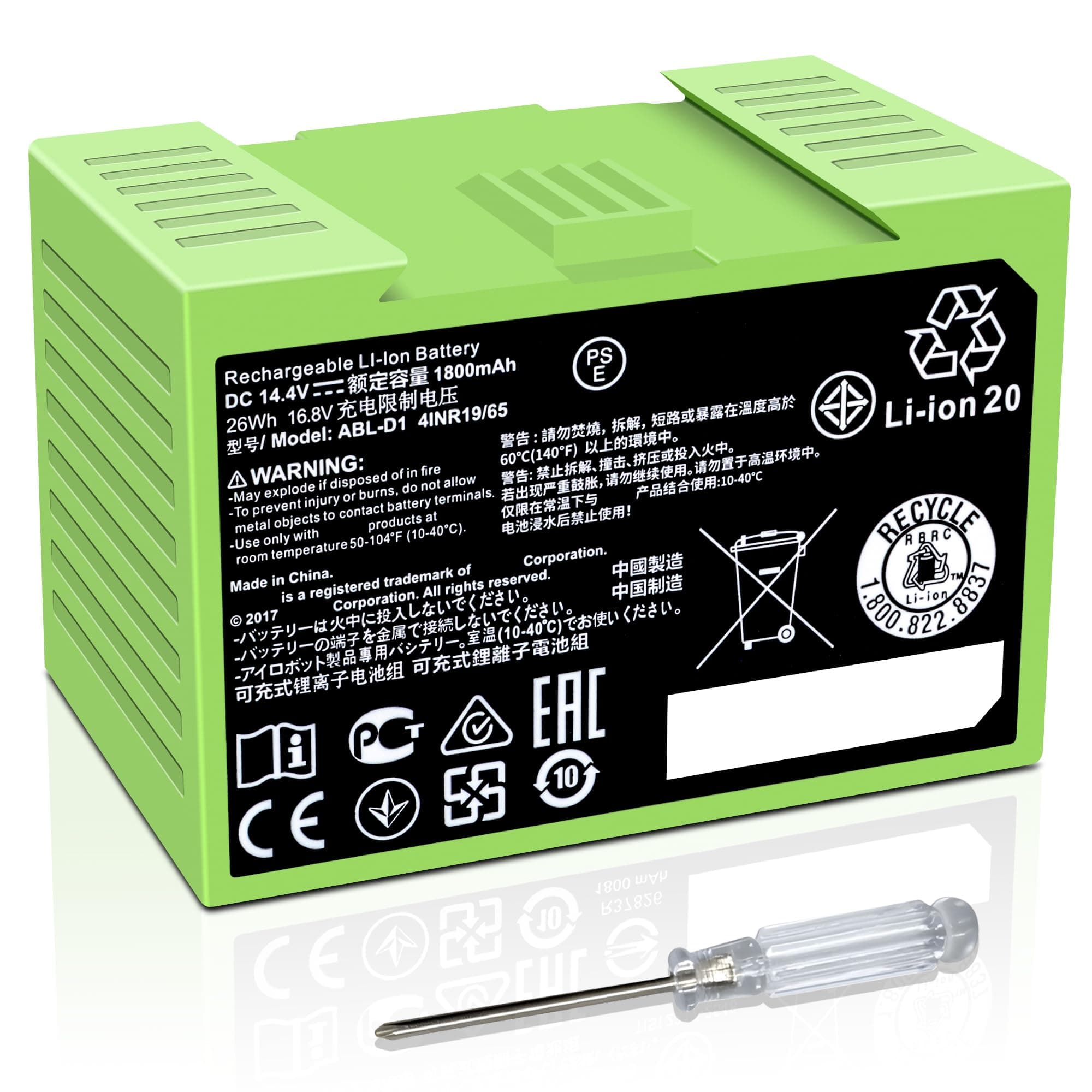 For iRobot Roomba e e5 e6 e5150 e5152 e6198 and i i3 3150 i3+ 3550 i4 4150 i4+ 4552 i6 I7 i7158 i7+ 7150 7550 i8 Plus Replacement Lithium Ion Battery ABL-D1 4624864 4INR19/65 DC 14.4V 1800MAH/26WH