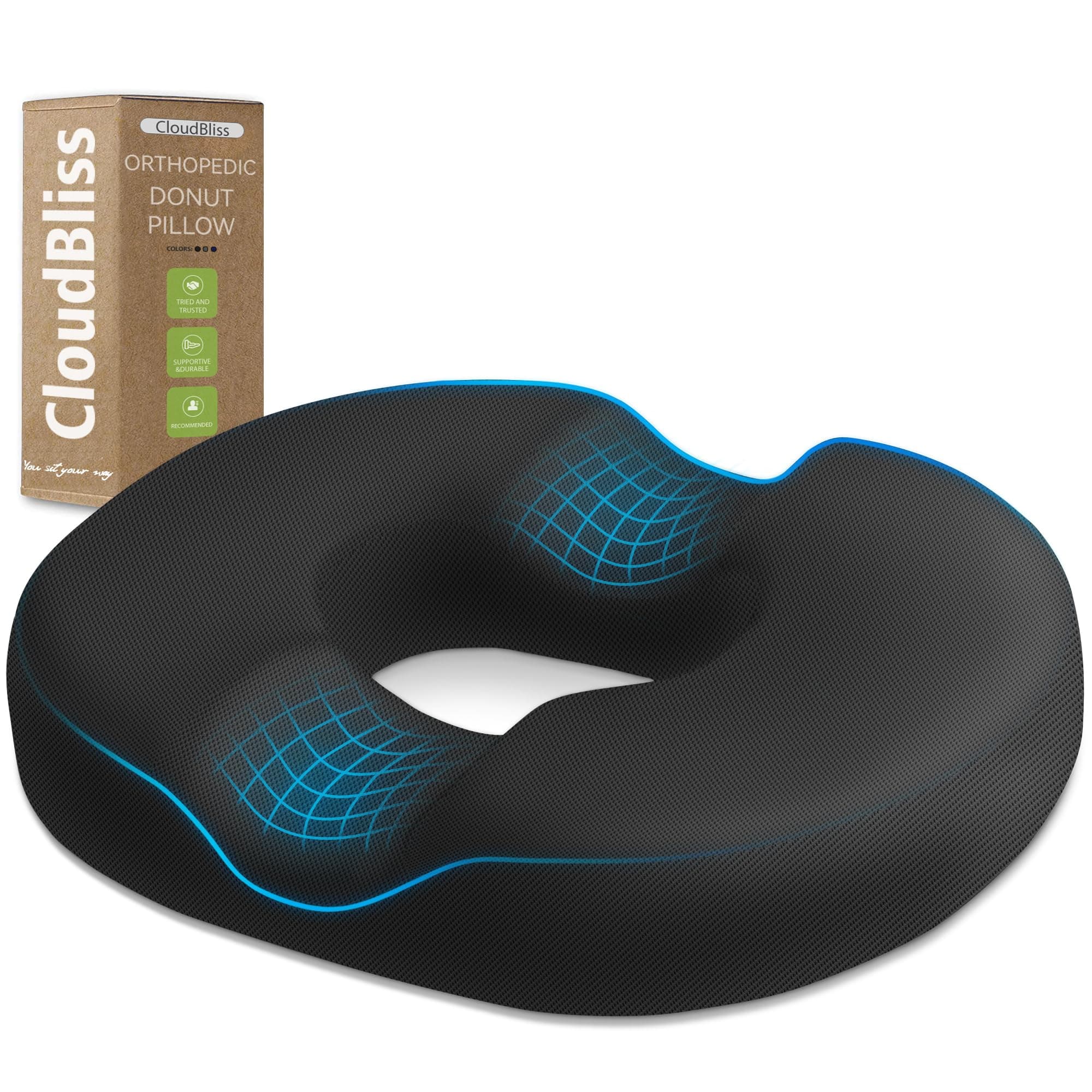 CloudBliss Donut Pillow for Tailbone Pain Relief and Hemorrhoids, Memory Foam Seat Chair Cushion for Postpartum Pregnancy, Seat Cushions for Men and Women for Home & Office, (Black)