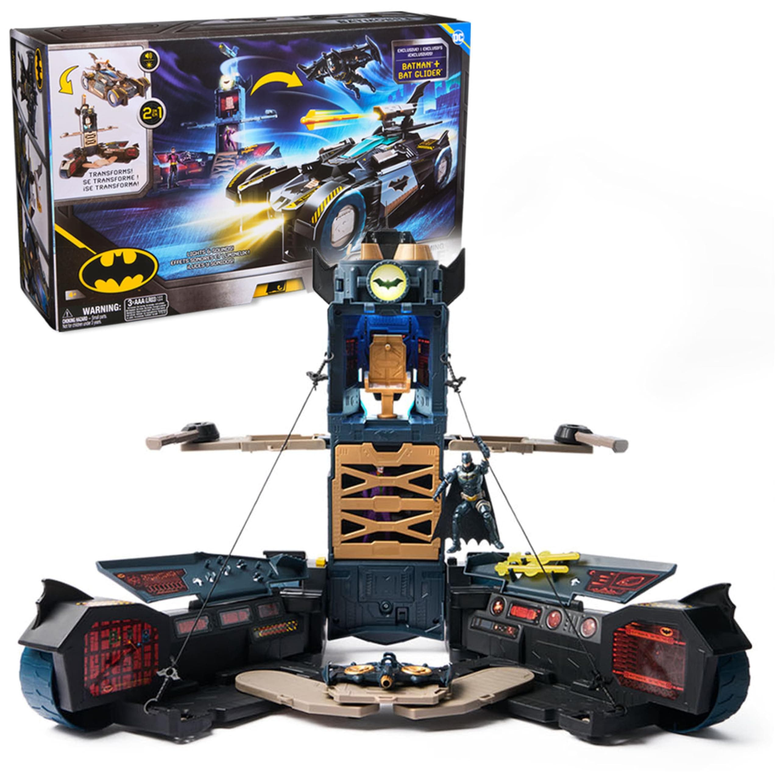 Batman, Ultimate Transforming Batmobile Playset, 2-in-1 Playset with Exclusive Figure and Glider, Lights, Sounds, Kids Toys for Boys and Girls 4 and Up
