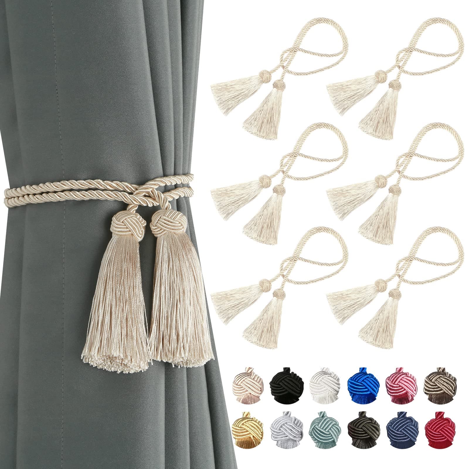 BEL AVENIR 6 Pack Curtain Handmade Tiebacks Decorative Curtain Holdbacks with Tassel (Beige, 6 Pack)