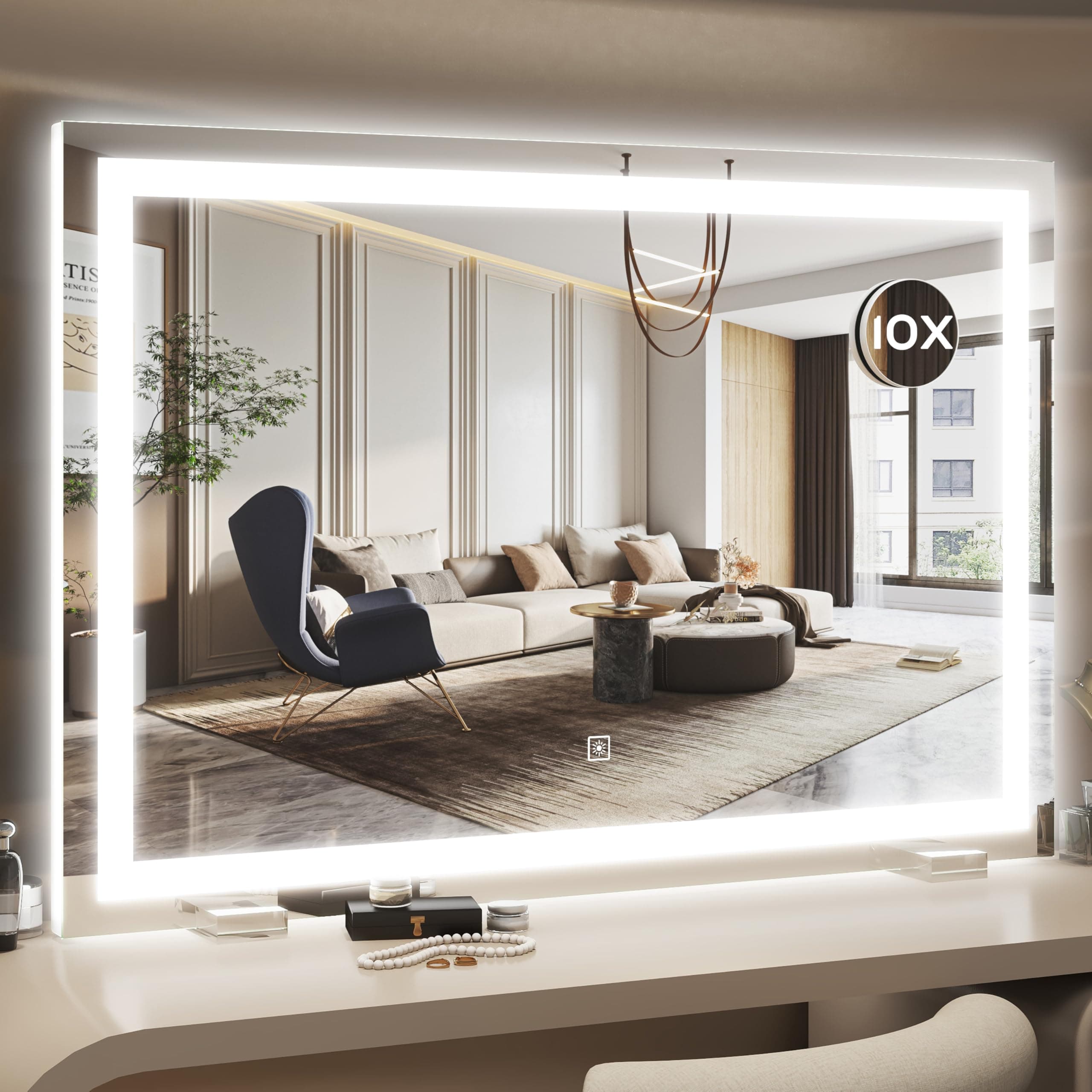 HNV Vanity Mirror with Lights 32"x22" Large Lighted Makeup Mirror, Dimmable 3-Color LED, Touch Screen, Wall-Mount or Tabletop, Ultra-Clear for Bathroom & Bedroom (White)