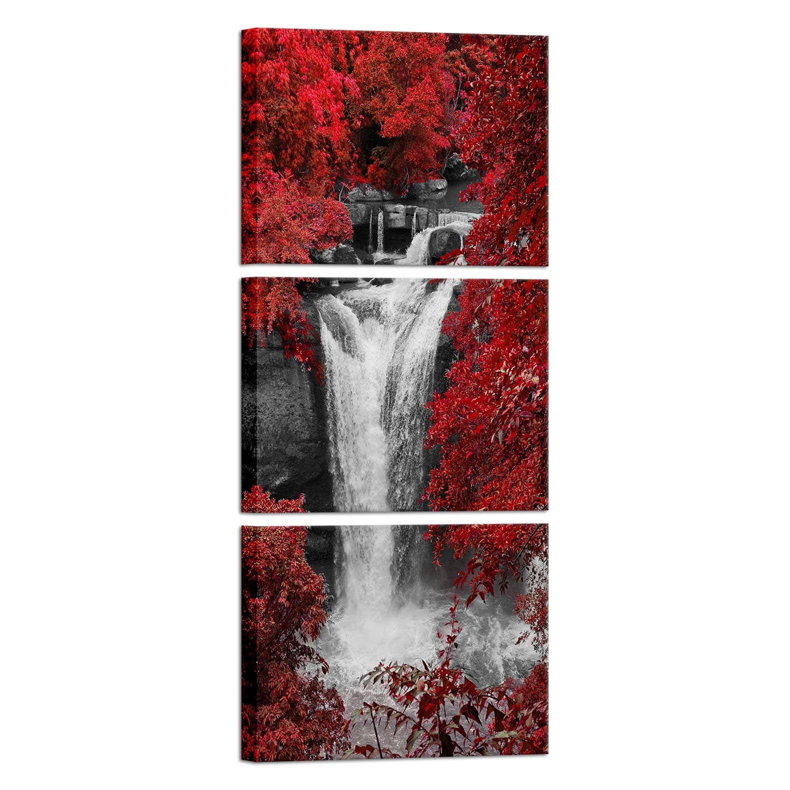3 Pieces Wall Art Red Trees Forest Black and White Waterfall Landscape Picture Canvas Print Natural Artwork Framed Painting Modern Home Office Bathroom Wall Decoration Ready to Hang