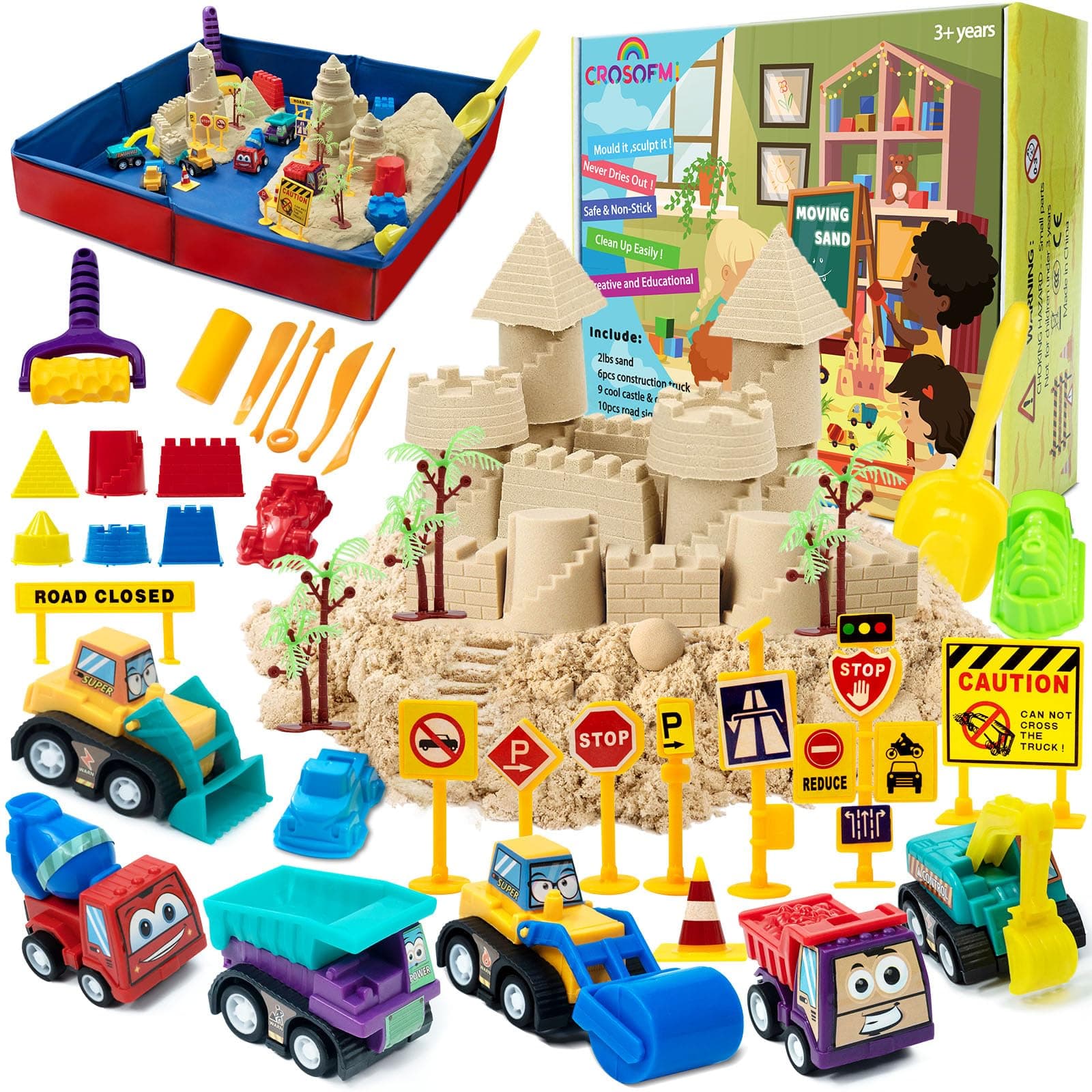 CROSOFMI Play Sand for Kids 2lbs Magic Sand with 6 Construction Vehicles 10 Road Signs and Foldable Sandbox and Moulds and Tools Toys for Boys Girls 3 4 5 6 7+ Year Old