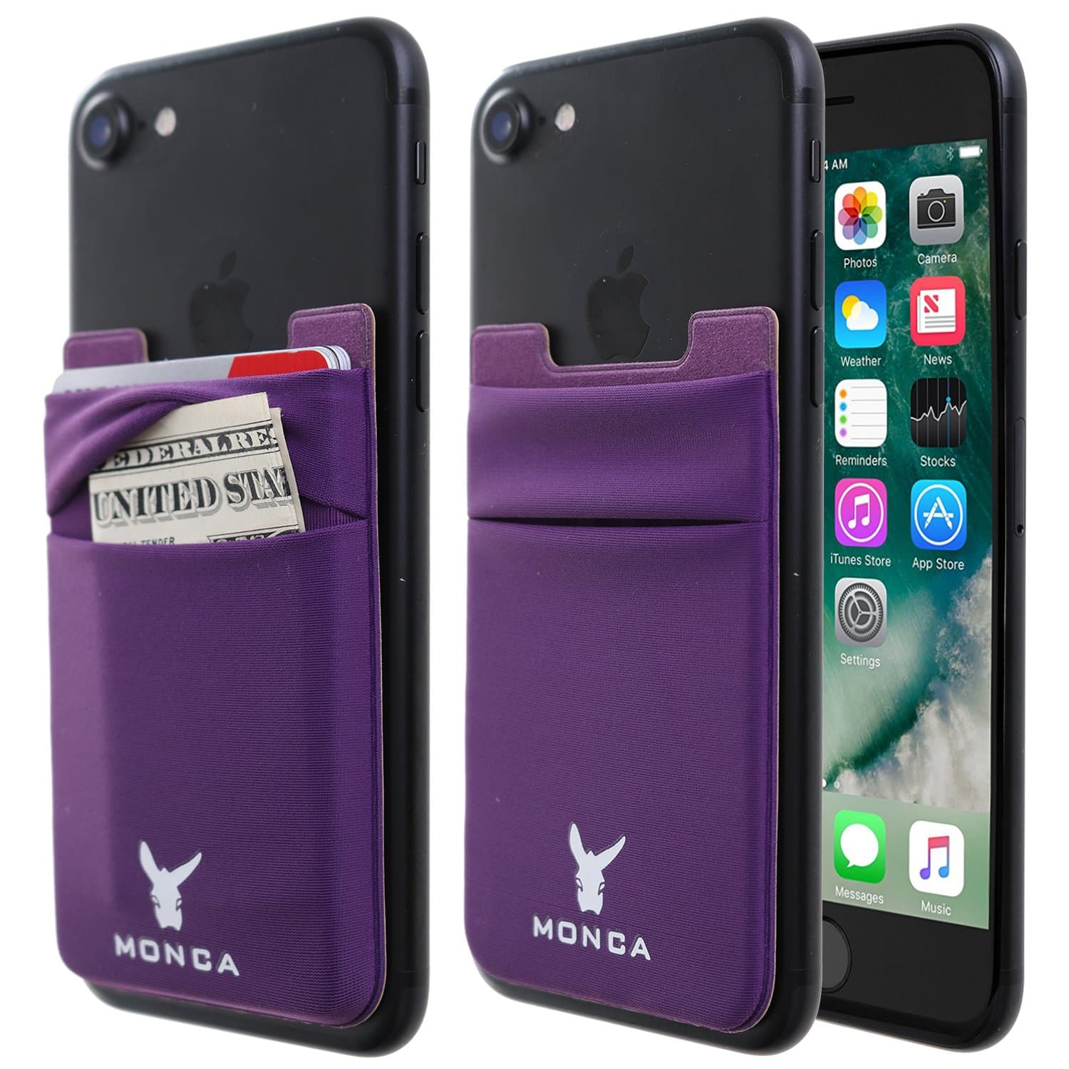 Monca Phone Wallet Stick on, RFID Blocking Phone Card Holder for Back of Phone Stick On Sticky Adhesive Attachment iPhone Wallet & iPhone Credit Card Holder (RFID Purple)