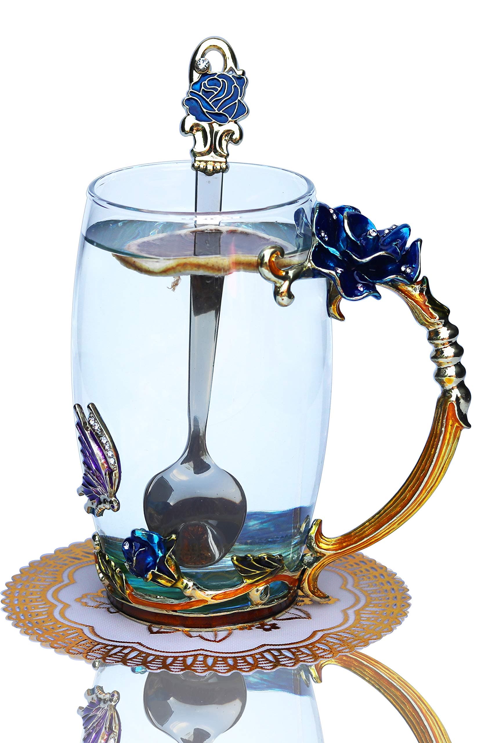 Clear Blue Butterfly Enamel Tea Cup with Handle Handmade Coffee Mug with Spoon for Mom Grandma Boss Friend (13.5 oz)