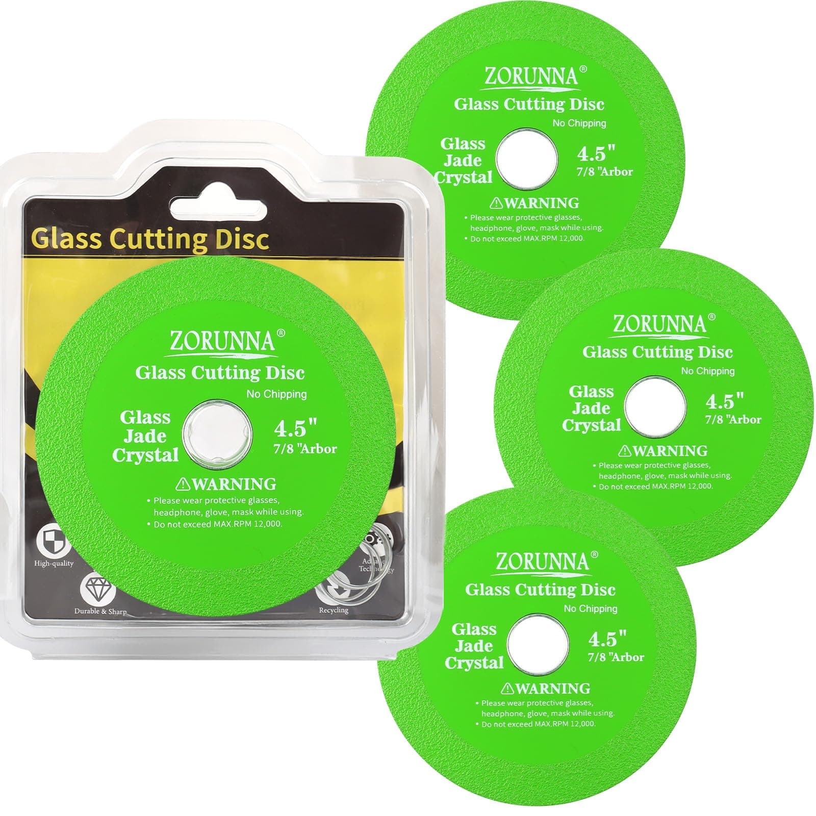 ZORUNNA Glass Cutting Disc for 4-1/2" Angle Grinder, 3 Pack Glass Cutter Blade, Green Diamond Cutting Blade Disc 7/8" (Model 115/125) for Grinding Glass, Jade, Crystal, Wine Bottles, Tile.