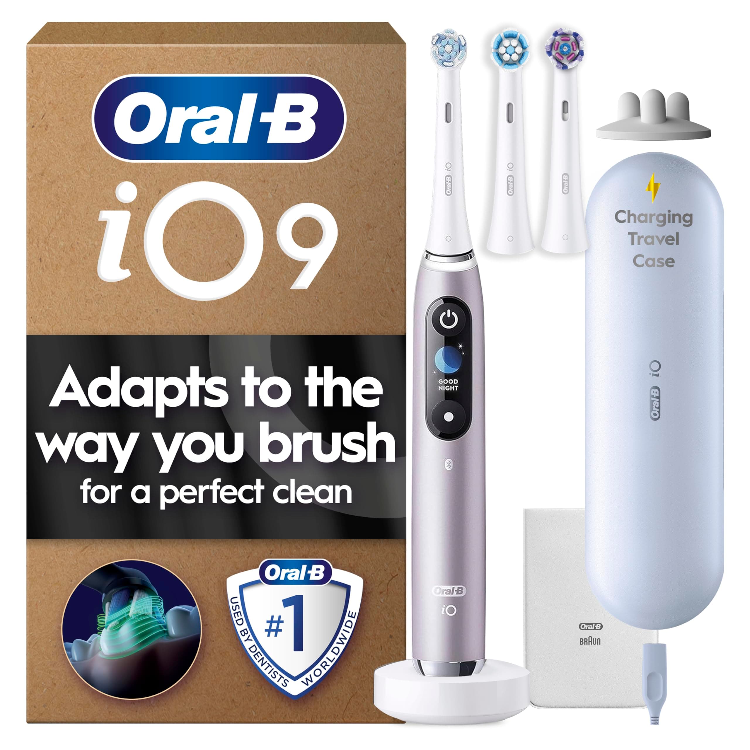 iO9 Electric Toothbrushes For Adults, App Connected Handle, 3 Toothbrush Heads, Charging Travel Case and Toothbrush Head Holder, 7 Modes, 2 Pin Plug, Rose