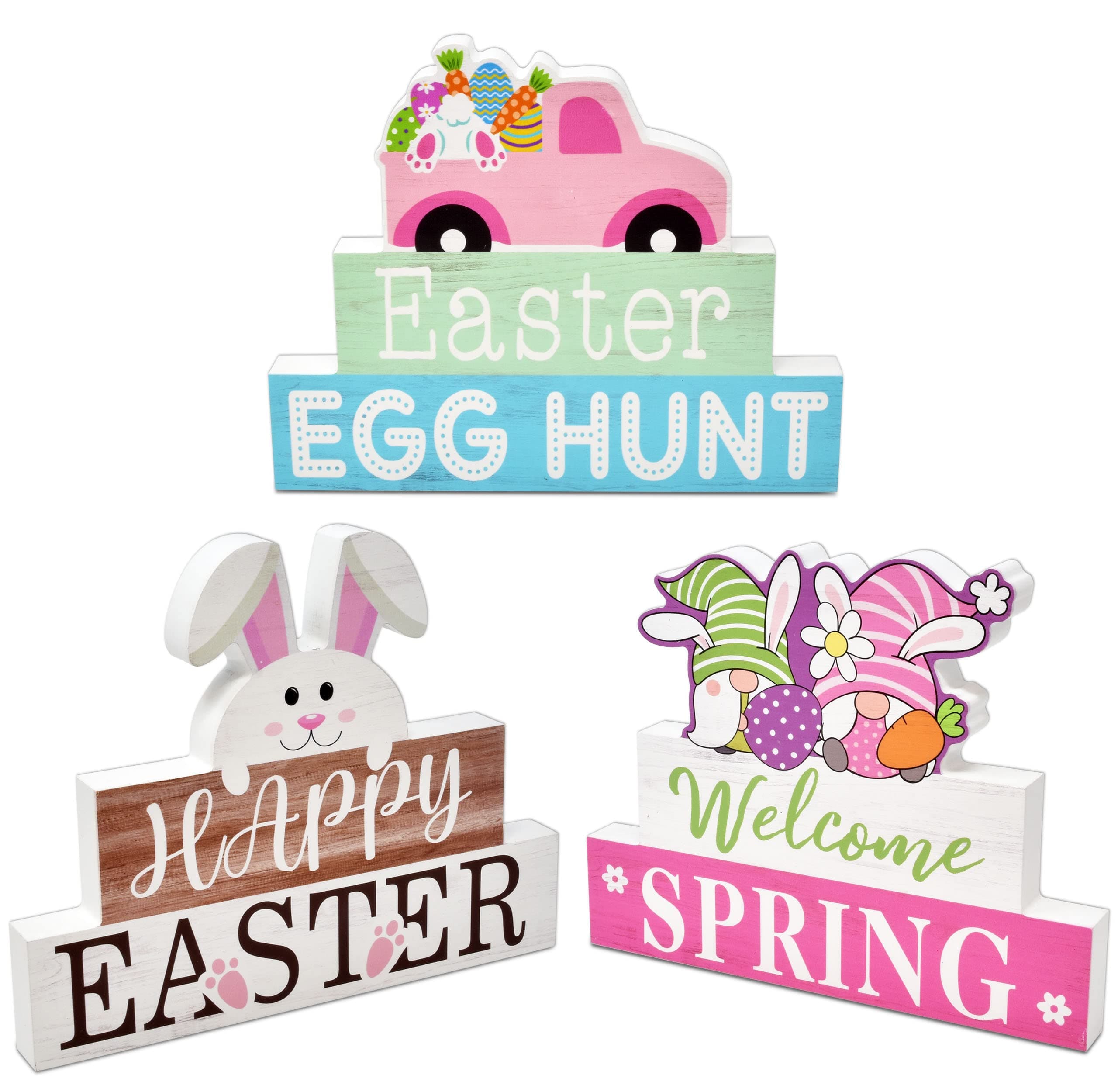 Gift Boutique 3 Easter Wooden Table Decorations Centerpieces Blocks Spring Egg Hunt Tiered Tray & Table Top Sign Decor for Dining Room Mantle Home Party Supplies