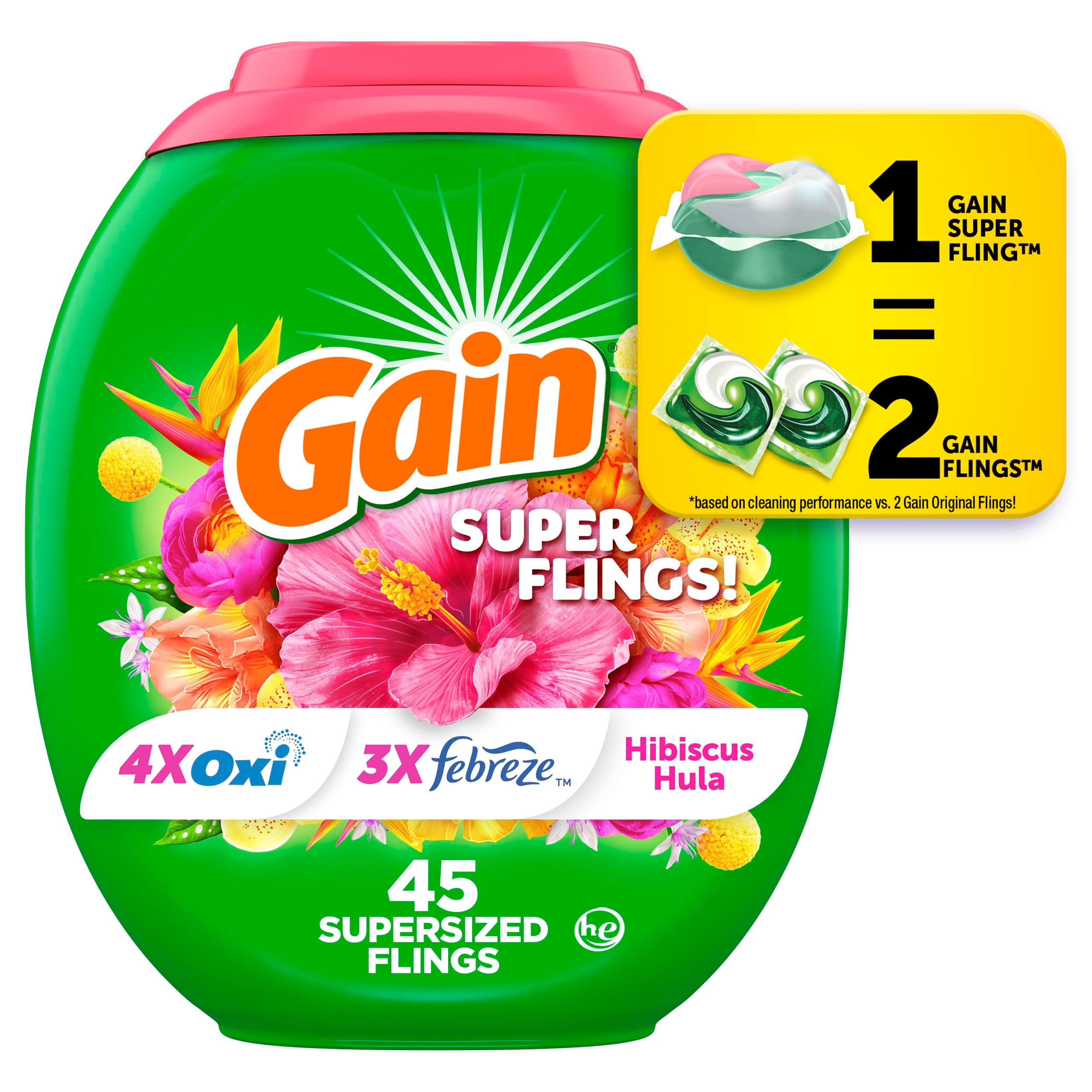 Super Sized Flings Laundry Detergent Pacs with Hibiscus Hula Scent, Powerful Cleaning for Lasting Freshness, HE Compatible, 45 Count, Gain Laundry Detergent Pods
