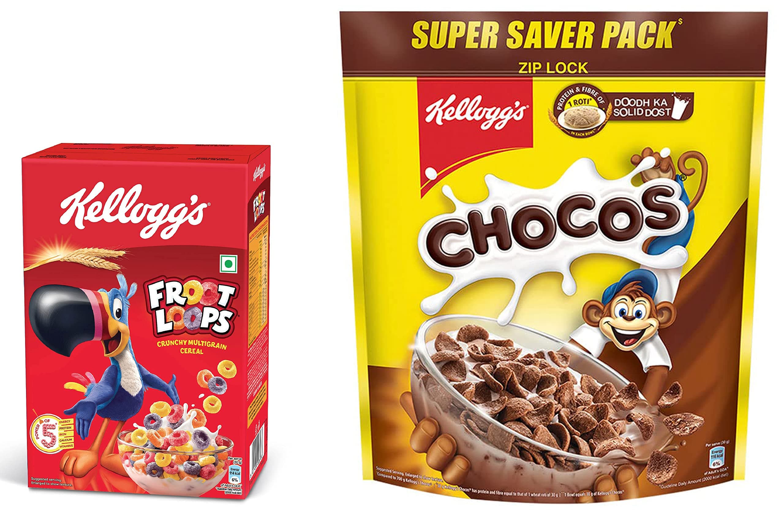 New Froot Loops | Crunchy Multigrain Breakfast Cereal| Mixed Fruit Flavor| 285G Pack & Chocos, with Protein & Fibre of 1 Roti* in Each Bowl**, 1.2 Kg Pack