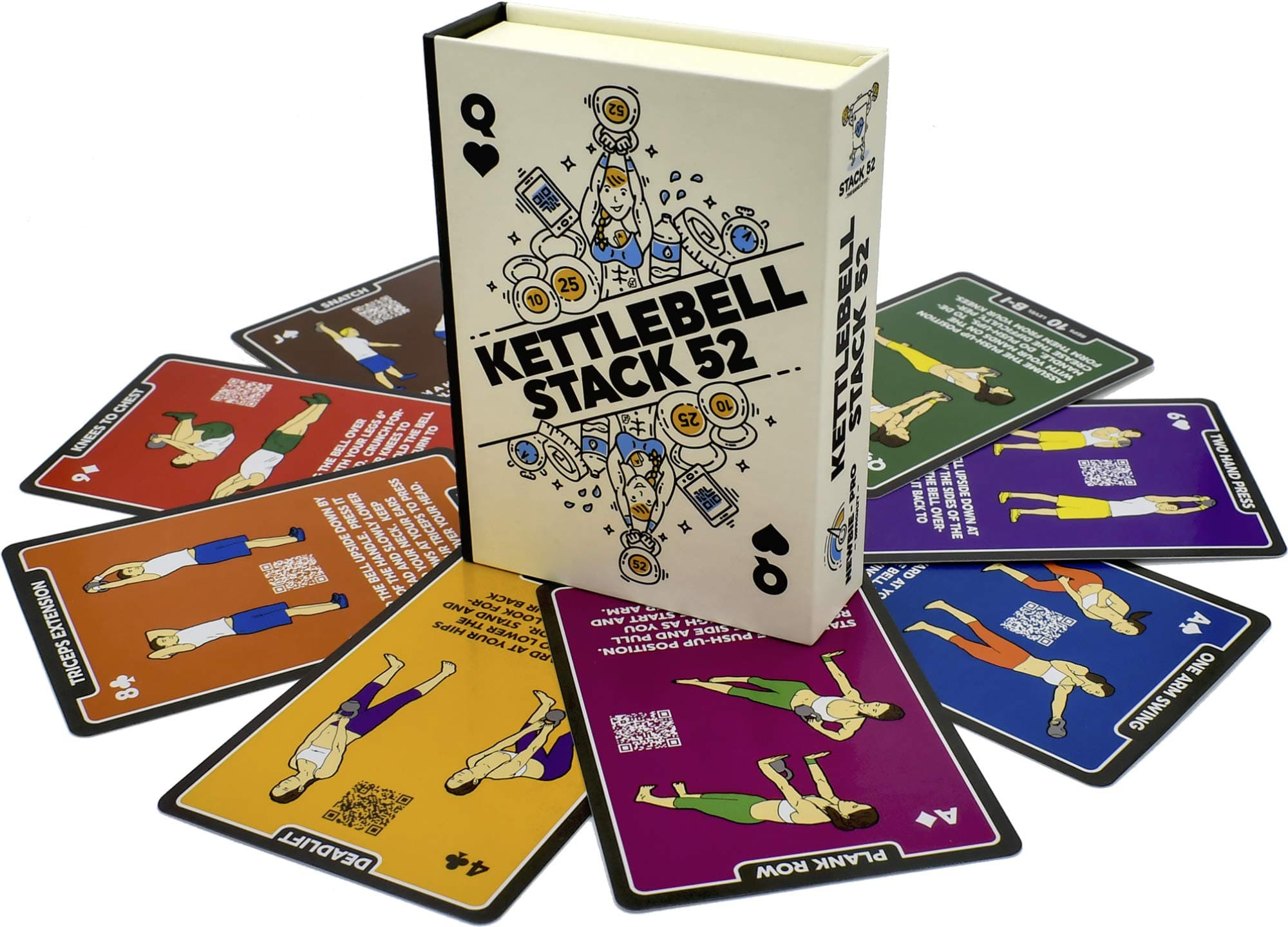 Kettlebell Exercise Cards. Workout Playing Card Game. Video Instructions Included. Learn Kettle Bell Moves and Conditioning Drills. Home Fitness Training Program.