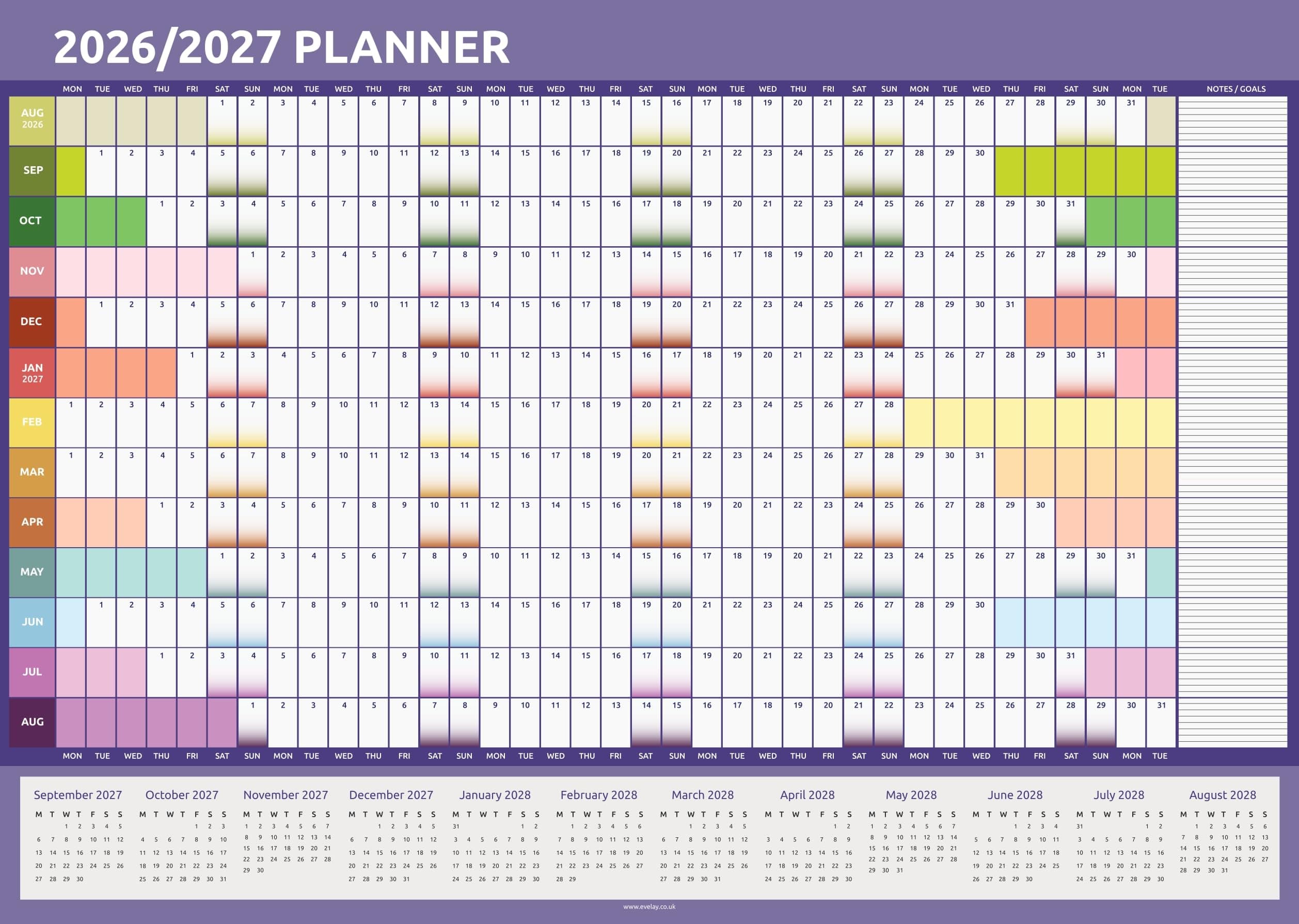 2026 2027 Academic Wall Planner A3 - Mid Year to View UK Calendar, 42cm x 29cm - School Teacher Student Yearly Chart Organiser (Rainbow)