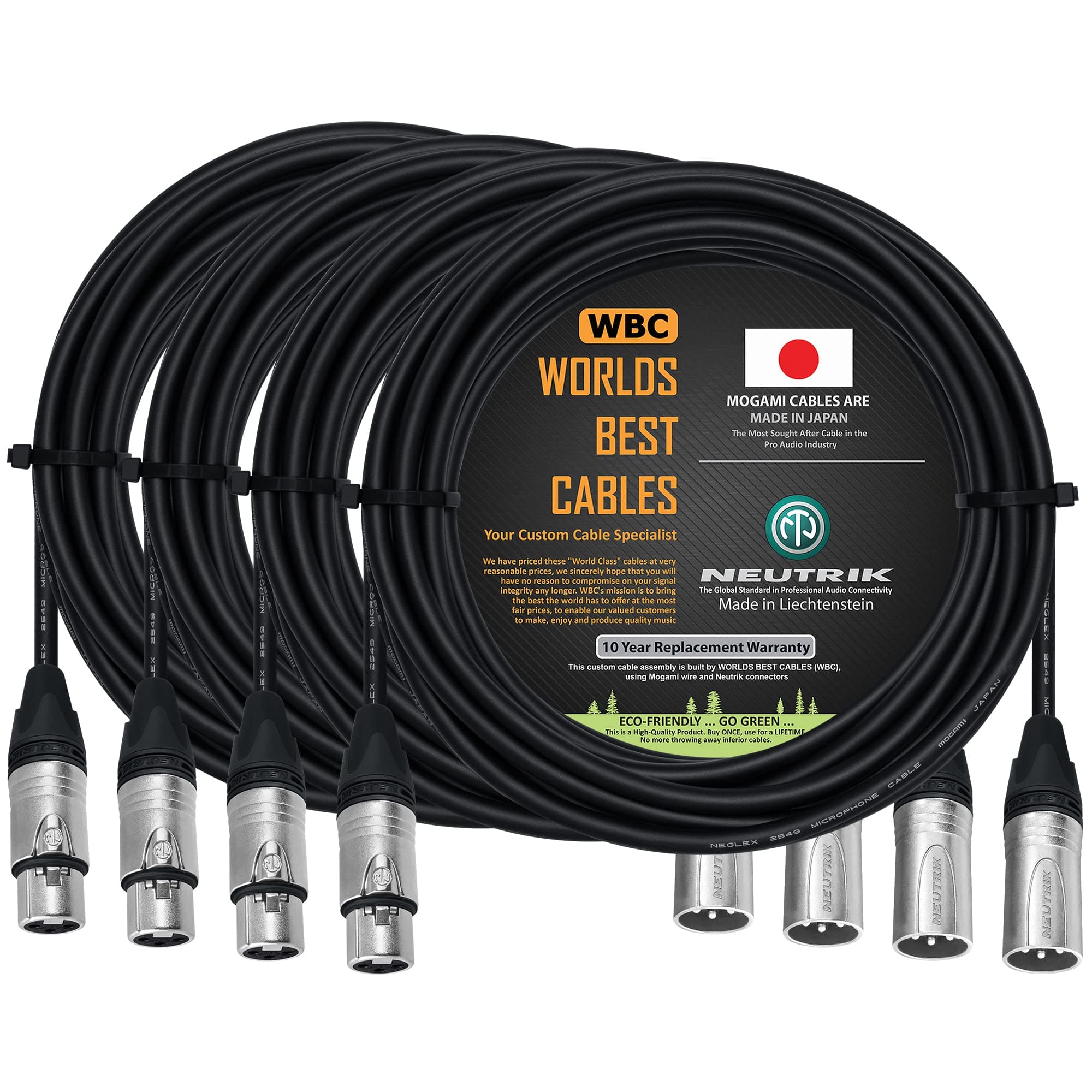 WORLDS BEST CABLES 4 Units - 20 Foot - Balanced Microphone Cable Custom Made Using Mogami 2549 (Black) Wire and Neutrik NC3MXX & NC3FXX Silver XLR Plugs