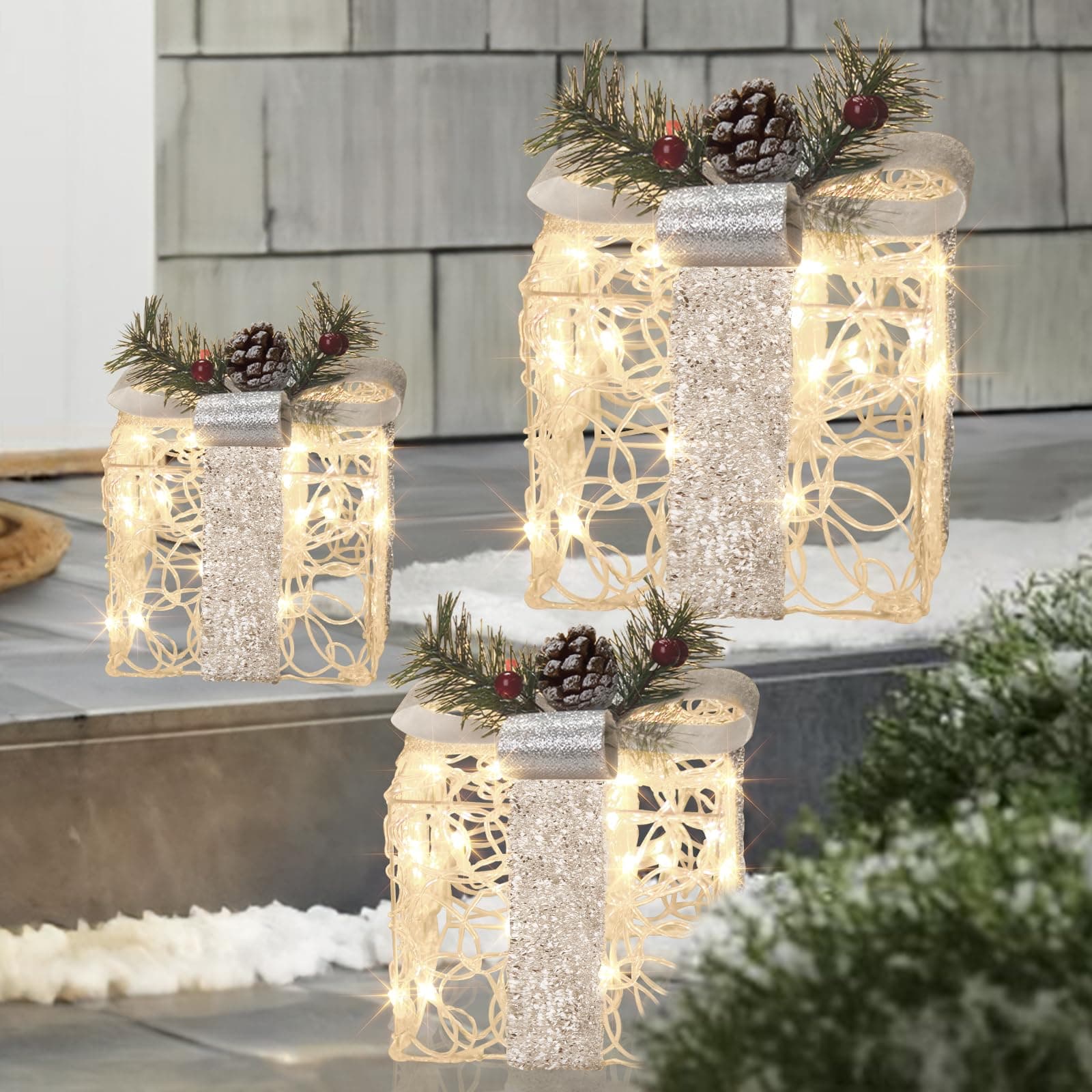 Vanthylit Christmas Lighted Gift Boxes, Set of 3 White Gift Box with 48 Warm White Lights, Outdoor Decorations Plug in for Yard Lawn Porch Holiday