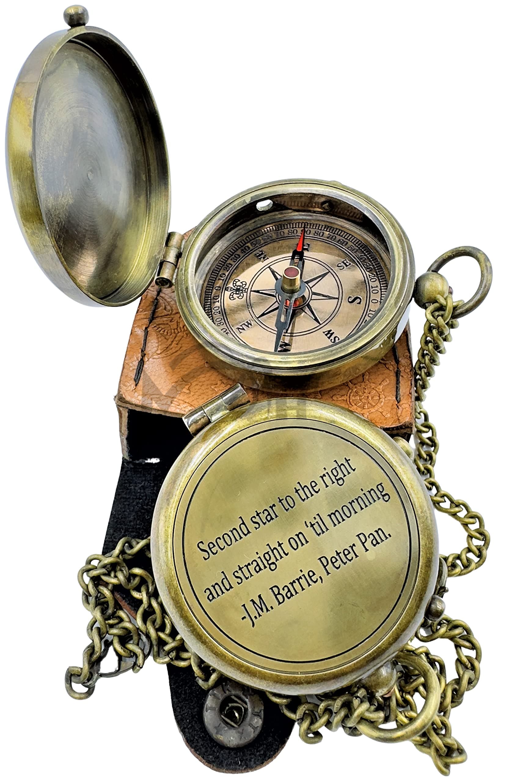 Second Star to The Right J. M. Barrie, Peter Pan Engraved Handmade Brass Compass for Birthday, Graduation Day, Confirmation Gift, Valentine Gift Parting Gift and Campion, Hiking Compass with Case