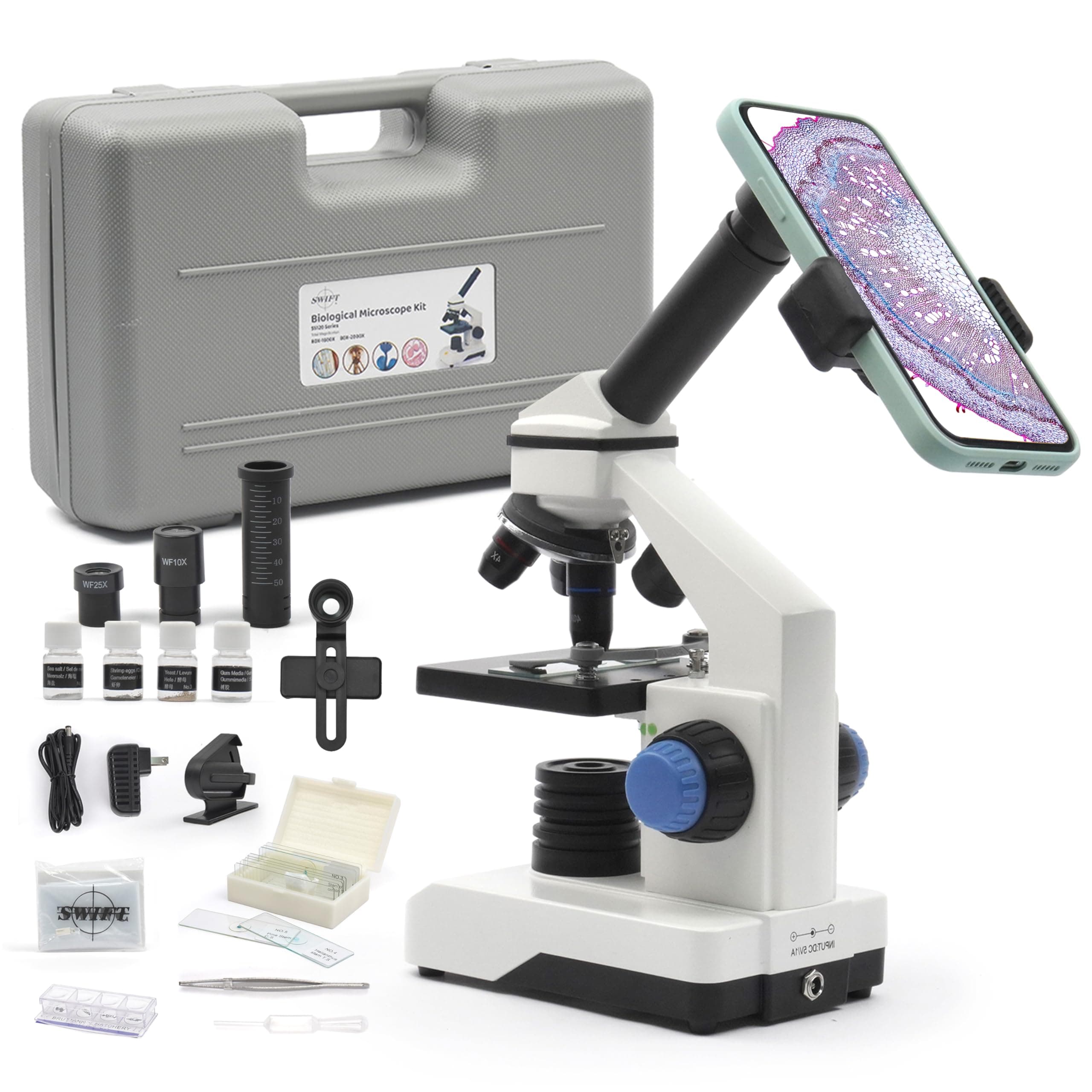 Swift SS121-25-PPA Children's Microscope, Metal, 80X-2000X, Biological Microscope, For Elementary Students, Beginners, Includes Pre-Parate, Sliding Glass, Smartphone Photography, Rotating Monocular