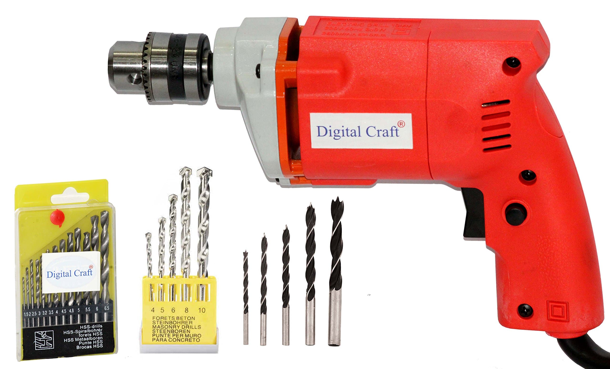 10Mm Drill Machine + 13 Pieces Hss Drill Set for Wood, Metal, Plastic and 5 Pieces Masonary Drill Set for Wall, Concretes & 5Pc Wooden Drill Bit