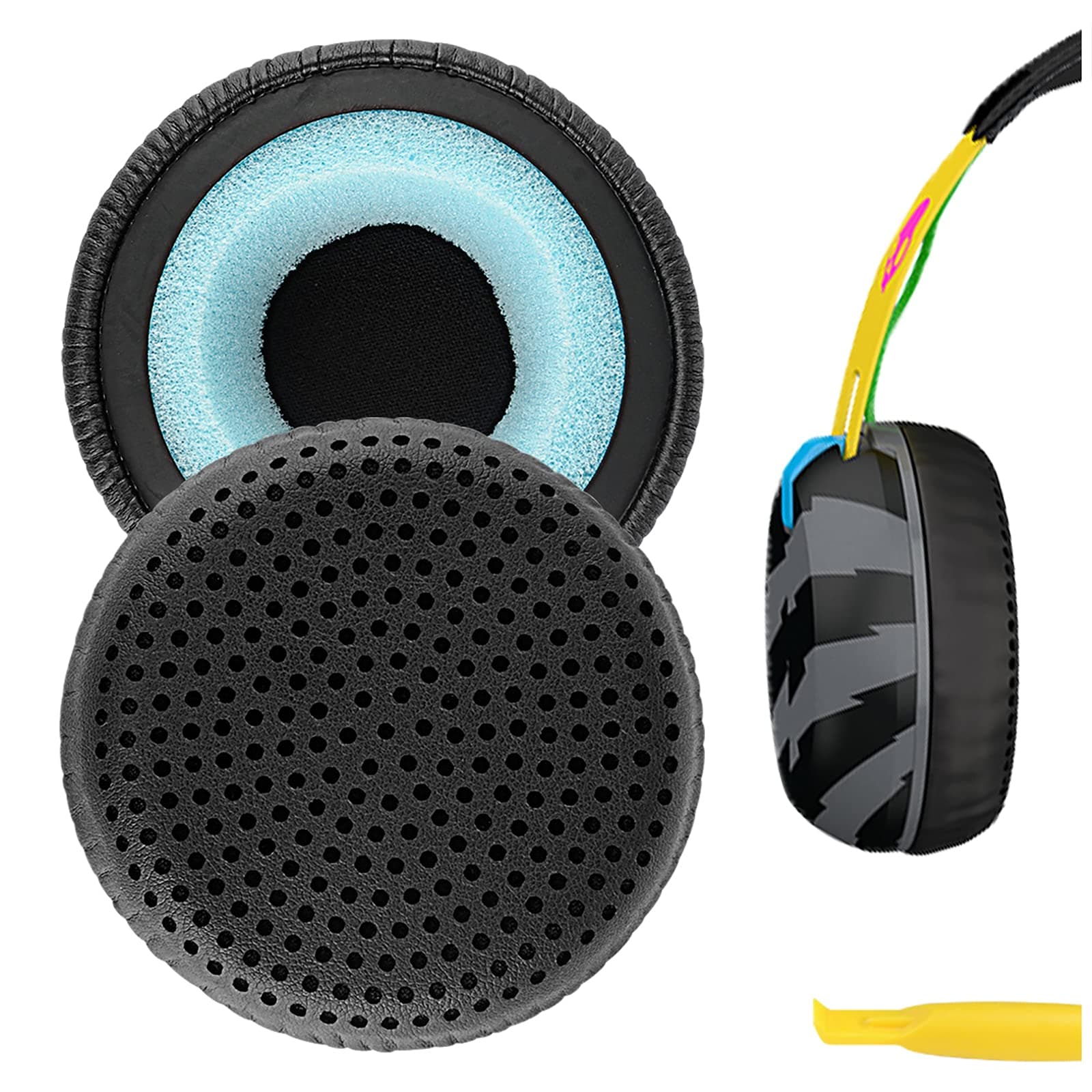 Geekria QuickFit Protein Leather Replacement Ear Pads for Skullcandy Grind Bluetooth Wireless Headphones Ear Cushions, Headset Earpads, Ear Cups Repair Parts (Black)