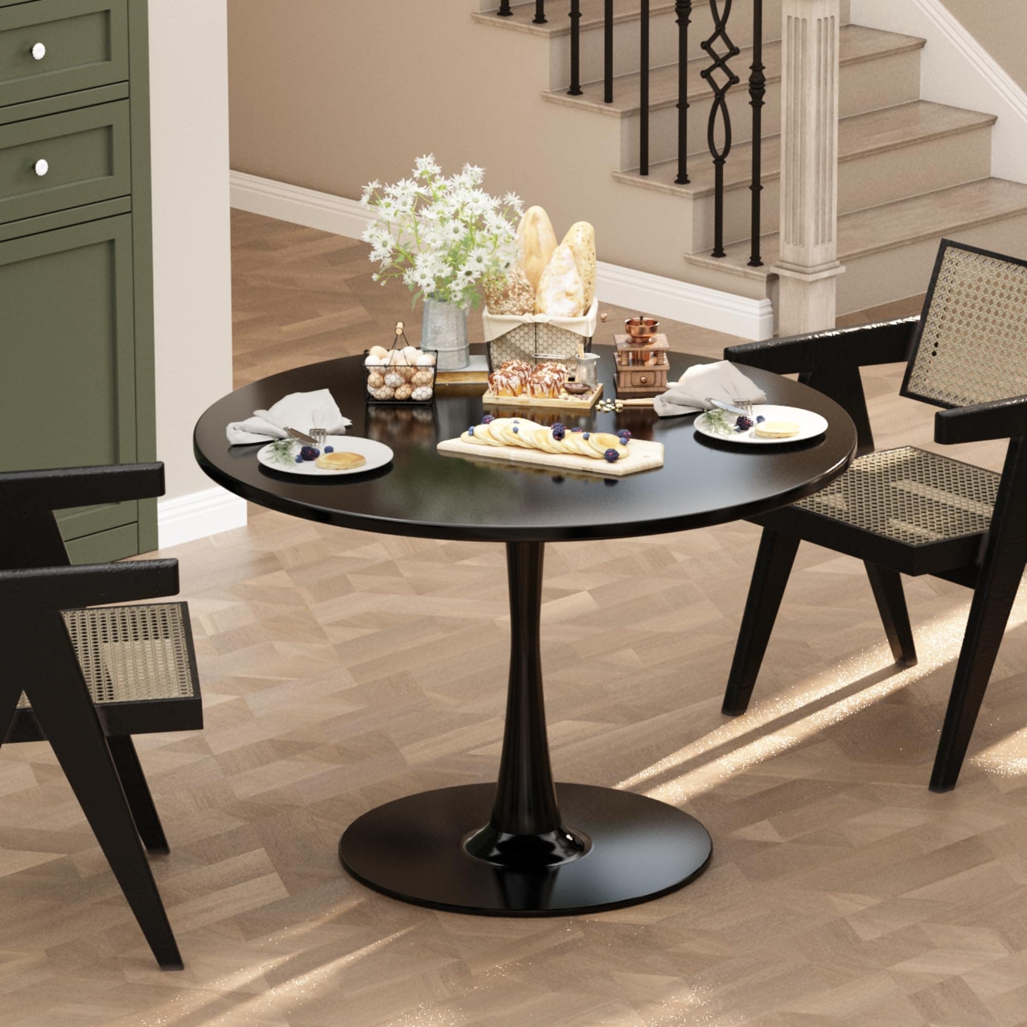32 Inch Round Black Tulip Dining Table, Modern Tulip Table with Metal Pedestal Base for 2-4 People