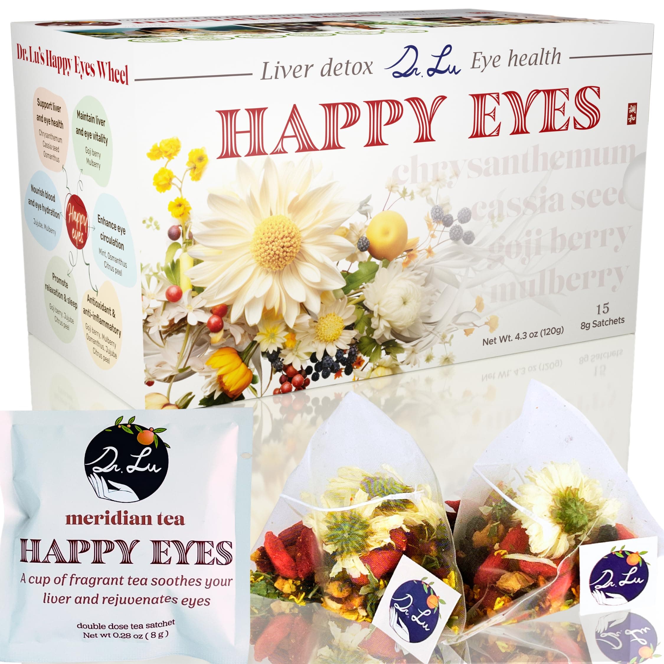 Dr. Lu’s Happy Eyes Tea | 100% Natural Eyebright Tea for Liver Cleanse | Liver Detox tea for Eye Health | Chrysanthemum, Cassia Seed, Goji Berry 8 Premium Herbs in Corn Fiber Pyramid Bags | Made in US