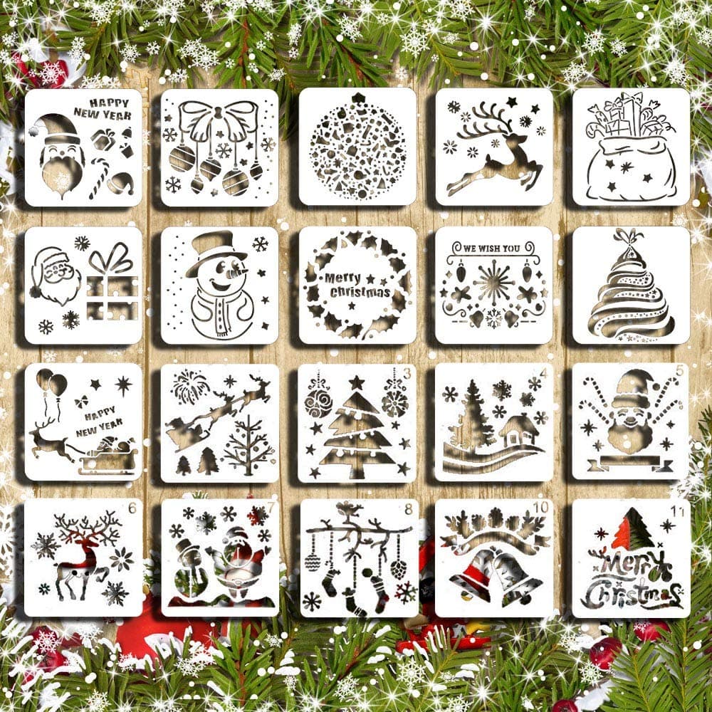 Christmas Stencil Set Template DIY Decor Stencils Craft Scrapbooking Plastic Drawing Cards 20 PCS Use on Cookies Wall Glass Fabrics Wood Cards Posters Holiday Xmas Tree Bell Snowflake Elk