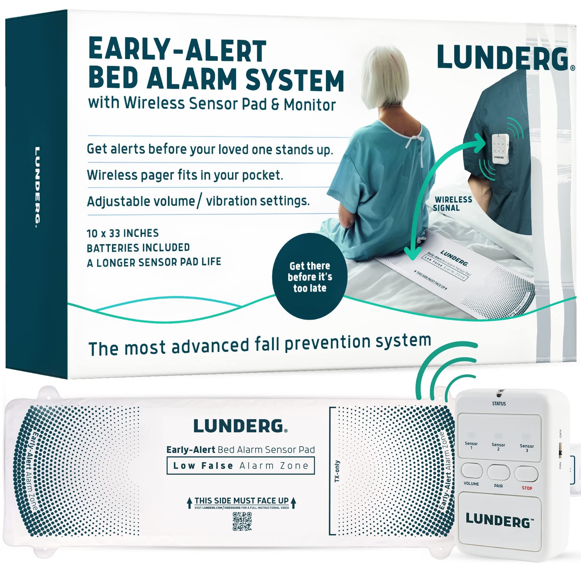 Lunderg Wireless Early Alert Bed Alarm System for Elderly - Alerts Caregivers Before They Get Up, No in-Room Alarm to Frighten Your Loved One, Fall Prevention for Dementia Care, Trusted US Company