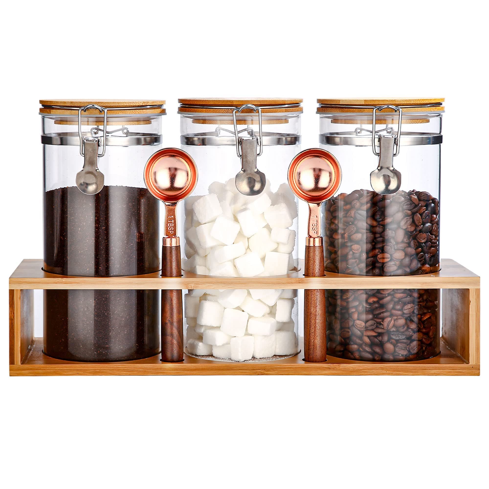 Glass Coffee Storage Container with Bamboo Shelf, 3PCS 49oz Airtight Sealed Coffee Bean Jar with Clamp Lid & Measuring Spoon, Kitchen Pantry Canister Set for Ground Coffee Sugar Tea Flour