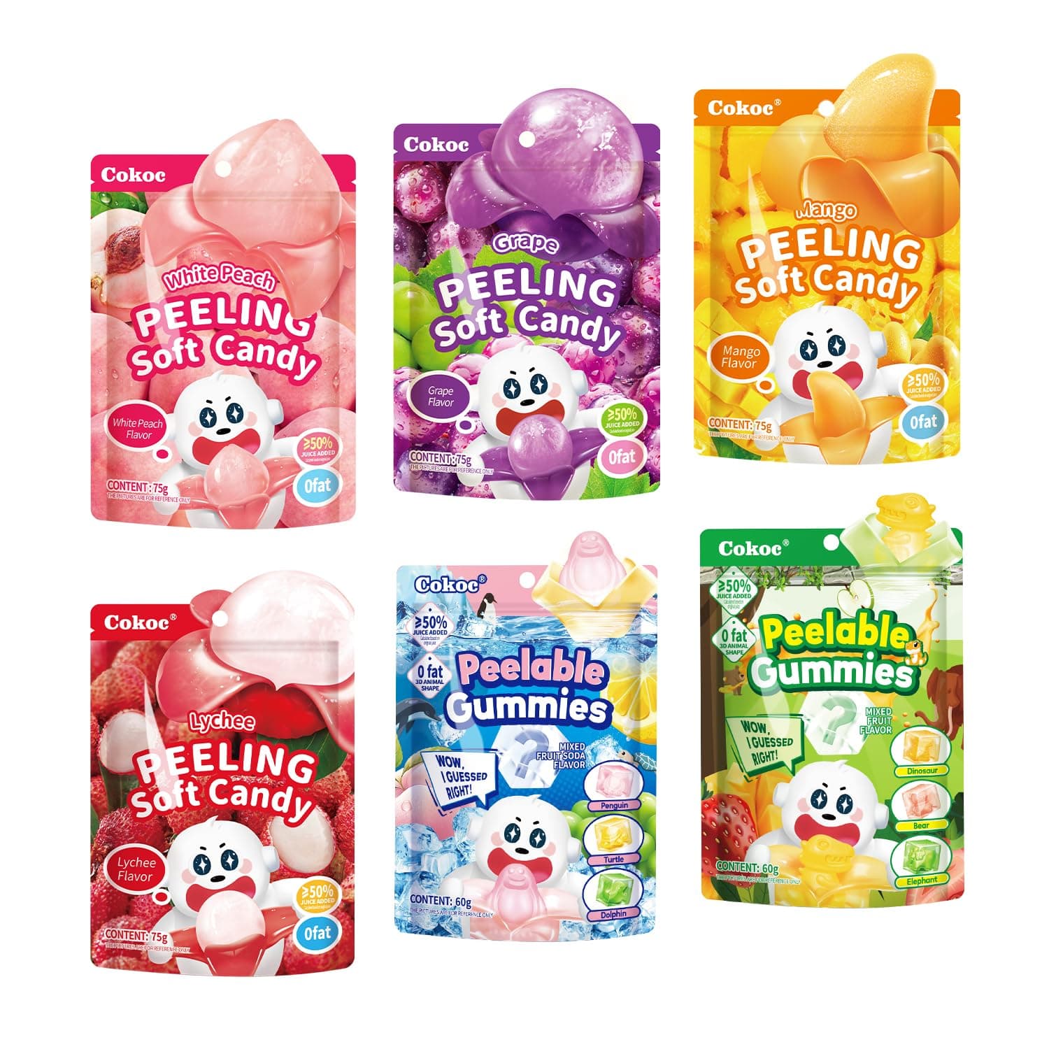 Peelable Gummy Variety Pack - 6 Individual Packs Featuring Peeling Mango, Grape, White Peach, Lychee,Strawberry,Apple& Lemon Burst Flavors,Perfect for Christmas Stocking Stuffers, Holiday Parties & Everyday Snacking,Easter Candy Bag