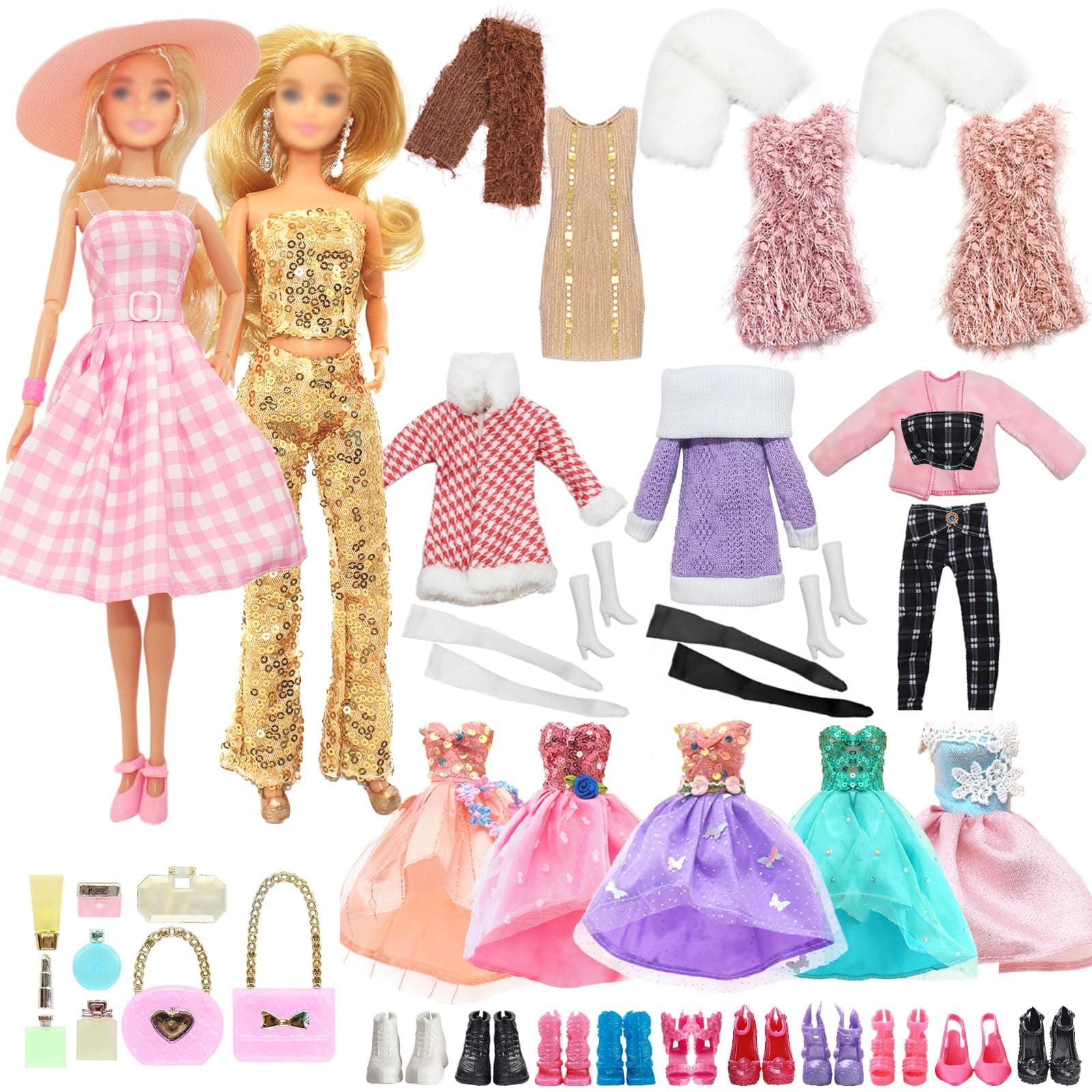36 Pcs Doll Clothes and Accessories Set Compatible with Barbie 11.5inch Doll, 5 Dress 3 Plush Set 1 Plush Dress Shawl 9 Makeup Hat Scarf 4 Jwellery 12 Shoes for 11.5 inch Girl Doll, in Random