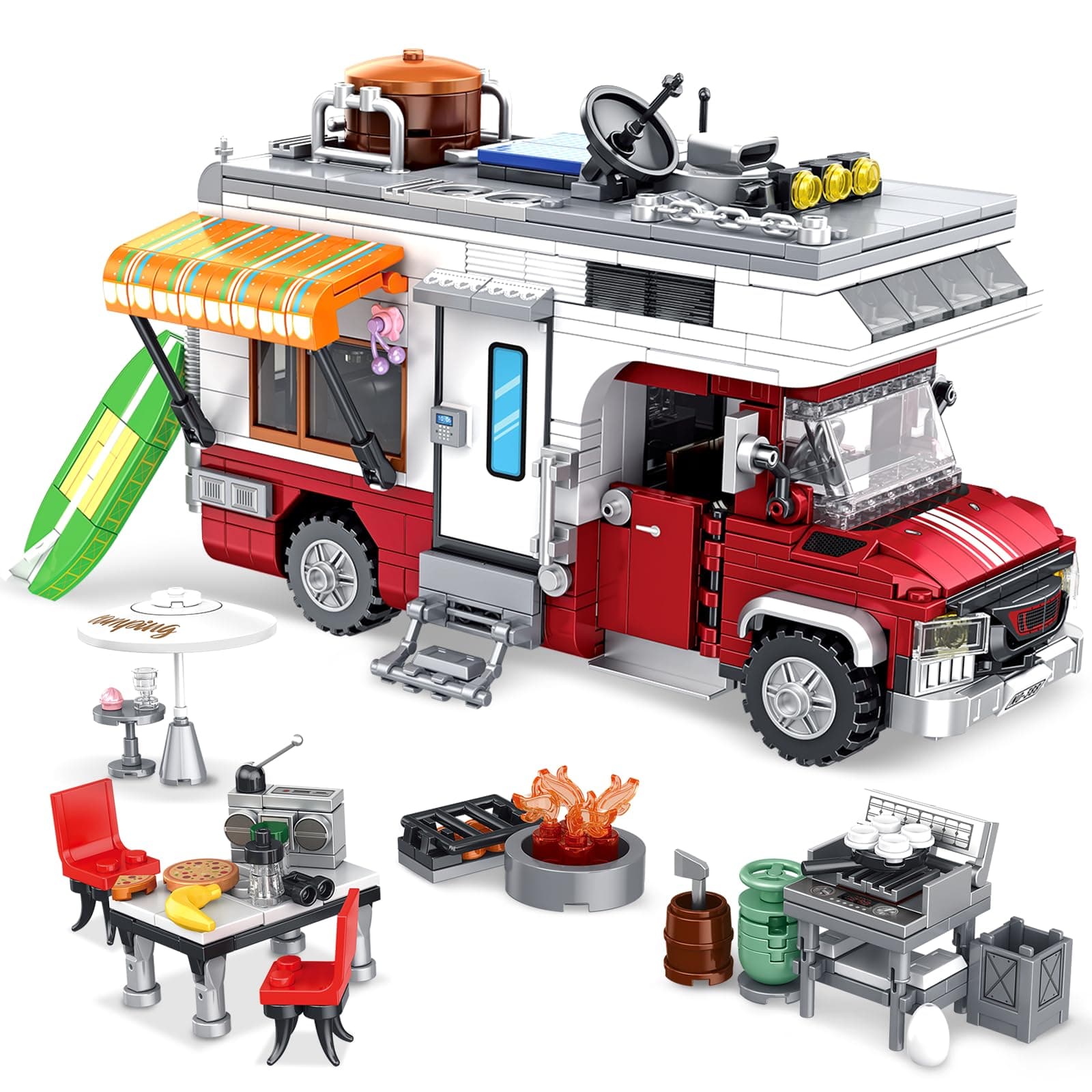 NEWABWN Camper Van Building Set, Compatible with Rvs Camper Vehicles, Summer Beach Holiday Camping Car Building Toy with Light, Gift for Adults and Boys Girls Kids Teens 8-12 (924 PCS)