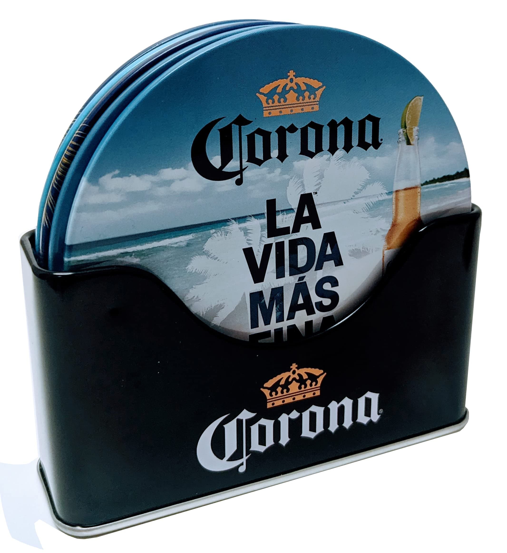 Corona 6 pc Coaster Set with Standing Metal Holder, Ocean Scene