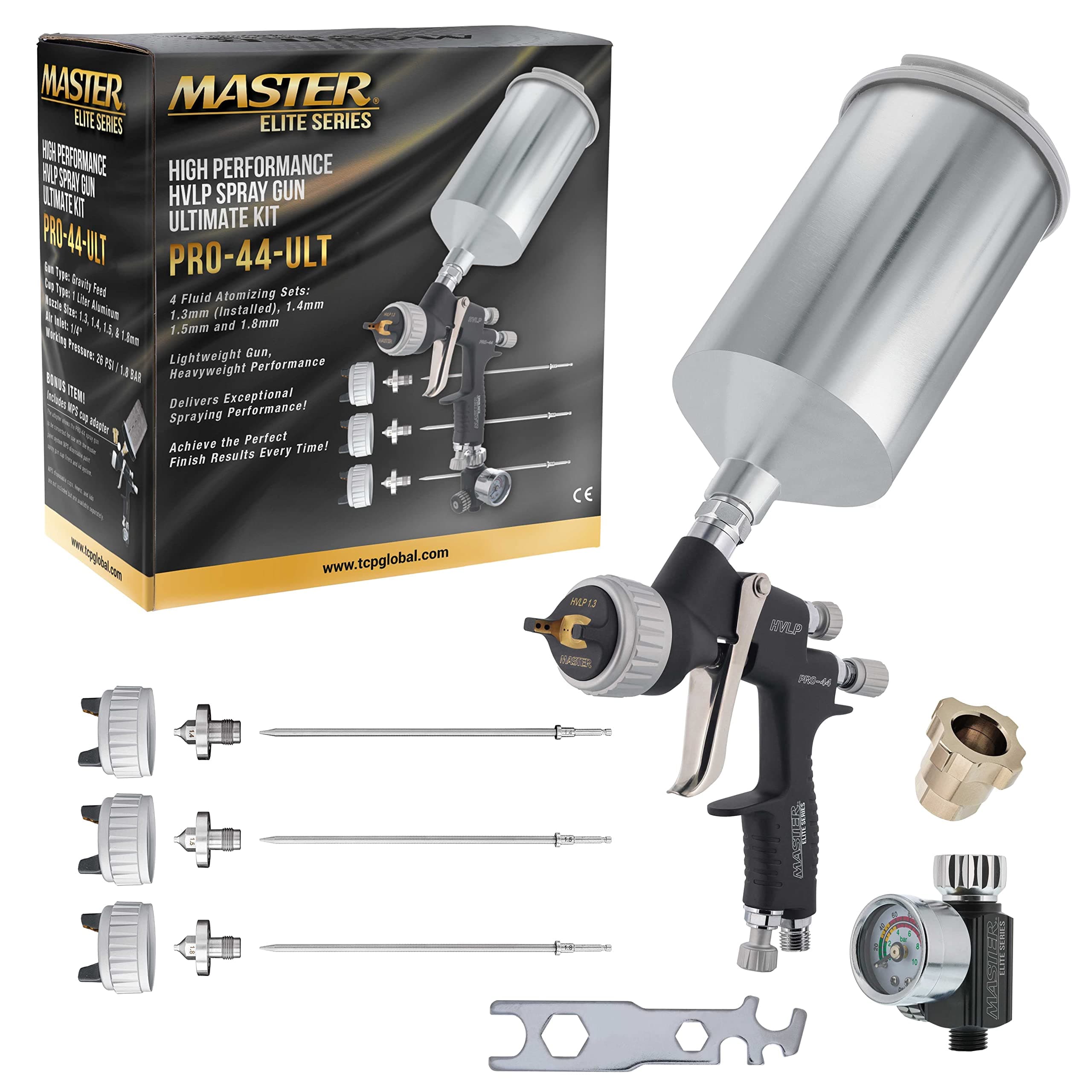 Master Pro 44 Series High Performance HVLP Spray Gun with 1.3mm Tip with Air Pressure Regulator Gauge - Ideal for Automotive Basecoats, Clearcoats - Advanced Atomization Technology