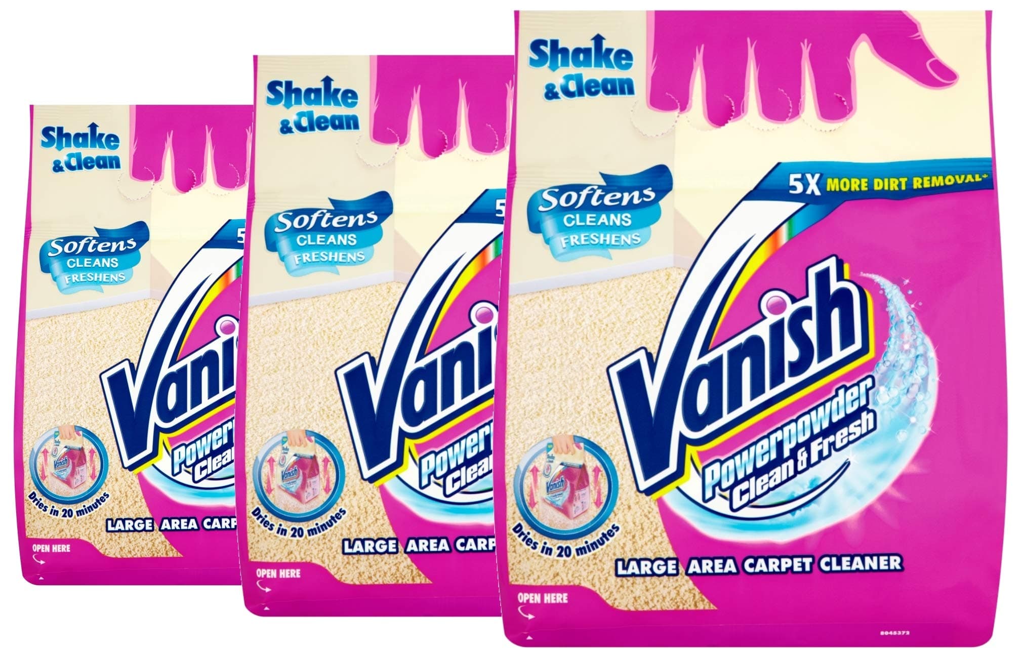 3 x Vanish Shake & Clean Large Area Carpet Cleaner Power Powder Softens 650g