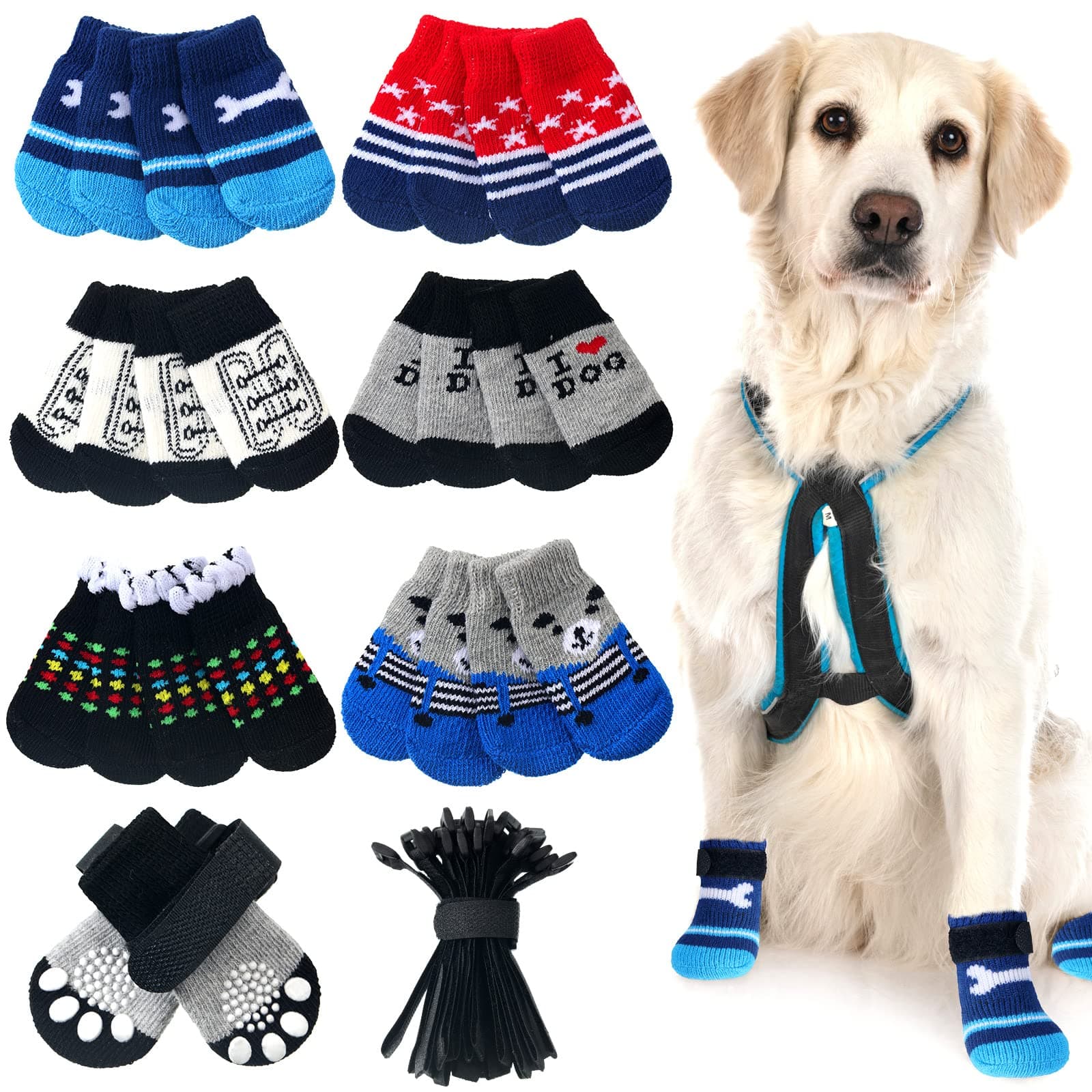 24 Pack Anti Slip Dog Socks Dog Paw Protector with Adjustable Straps Pet Paw Protection Traction Control Dog Grip Socks for Indoor on Hardwood Floor Wear for Puppy Small Medium Dogs (Large)