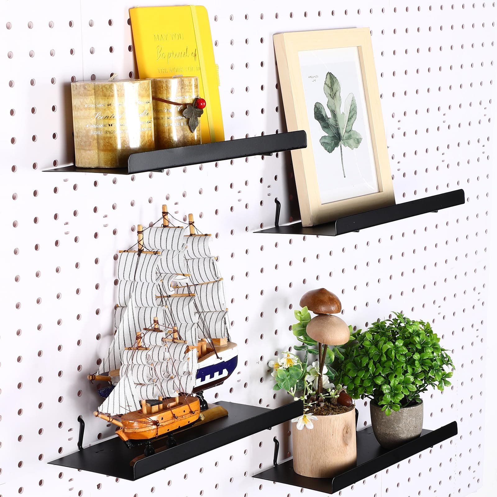 4 Pcs Pegboard Shelves Wall Organizer Brackets Pegboard Steel Tray Accessories Organizing Tools for Craft Garage Nursery Workbench Kitchen(10.04 x 4.33 Inch,Black)