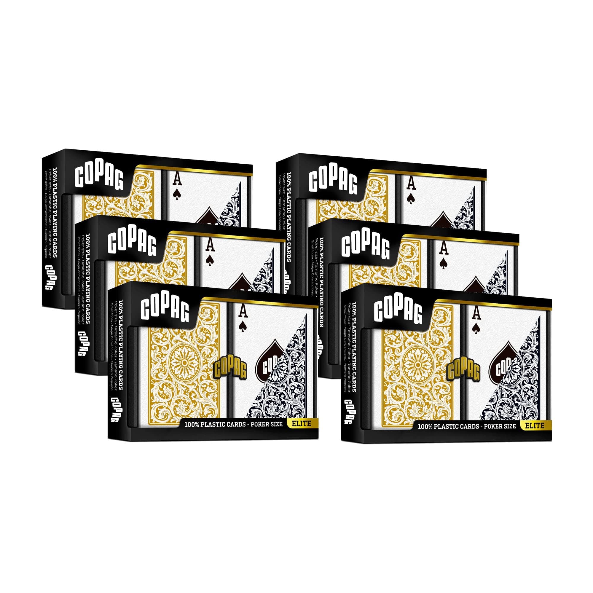 Copag 1546 Design 100% Plastic Playing Cards, Poker Size Black/Gold (Regular Index, 6 Sets)