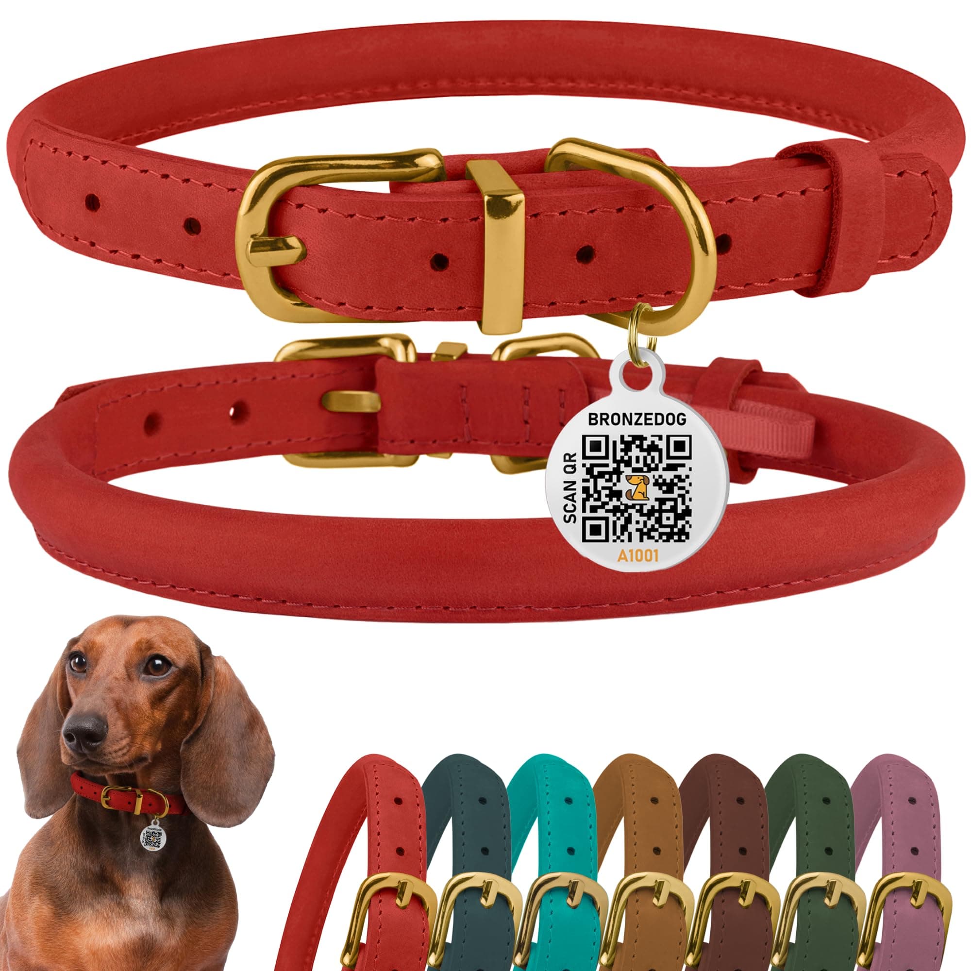 BronzeDog Rolled Leather Dog Collar with QR ID Tag, Adjustable Soft Round Collars for Small Medium Large Dogs Puppy (11" - 14 1/2" Neck Size, Classic Red)
