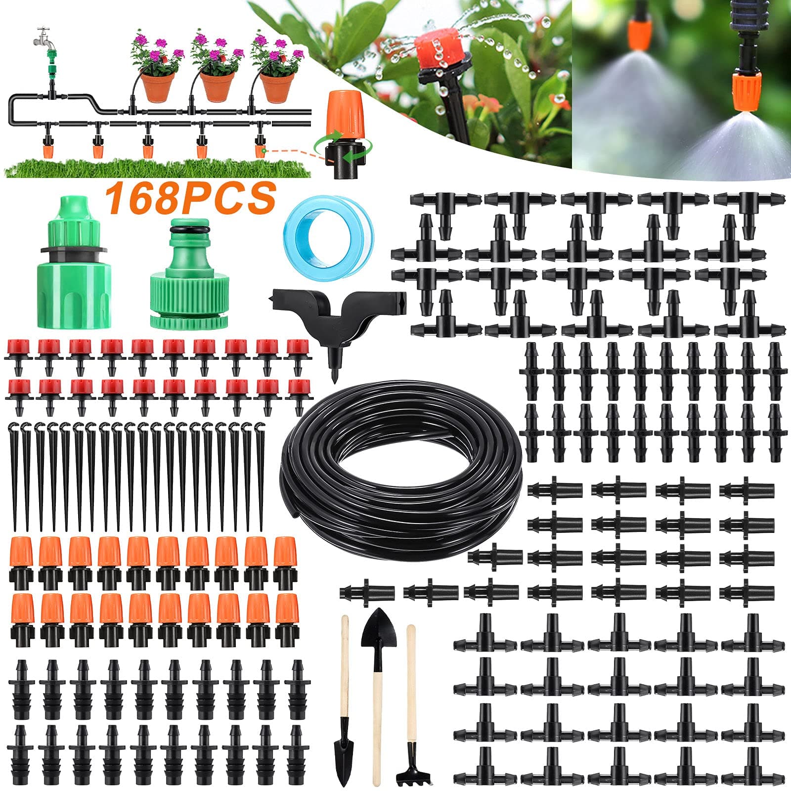 Garden Irrigation System, PATHONOR 168 Pcs+50ft/15m Drip Irrigation Kit with Adjustable Nozzles Drippers Distribution Tubing Hose Saving Water Automatic Irrigation Set for Garden Greenhouse Patio Lawn