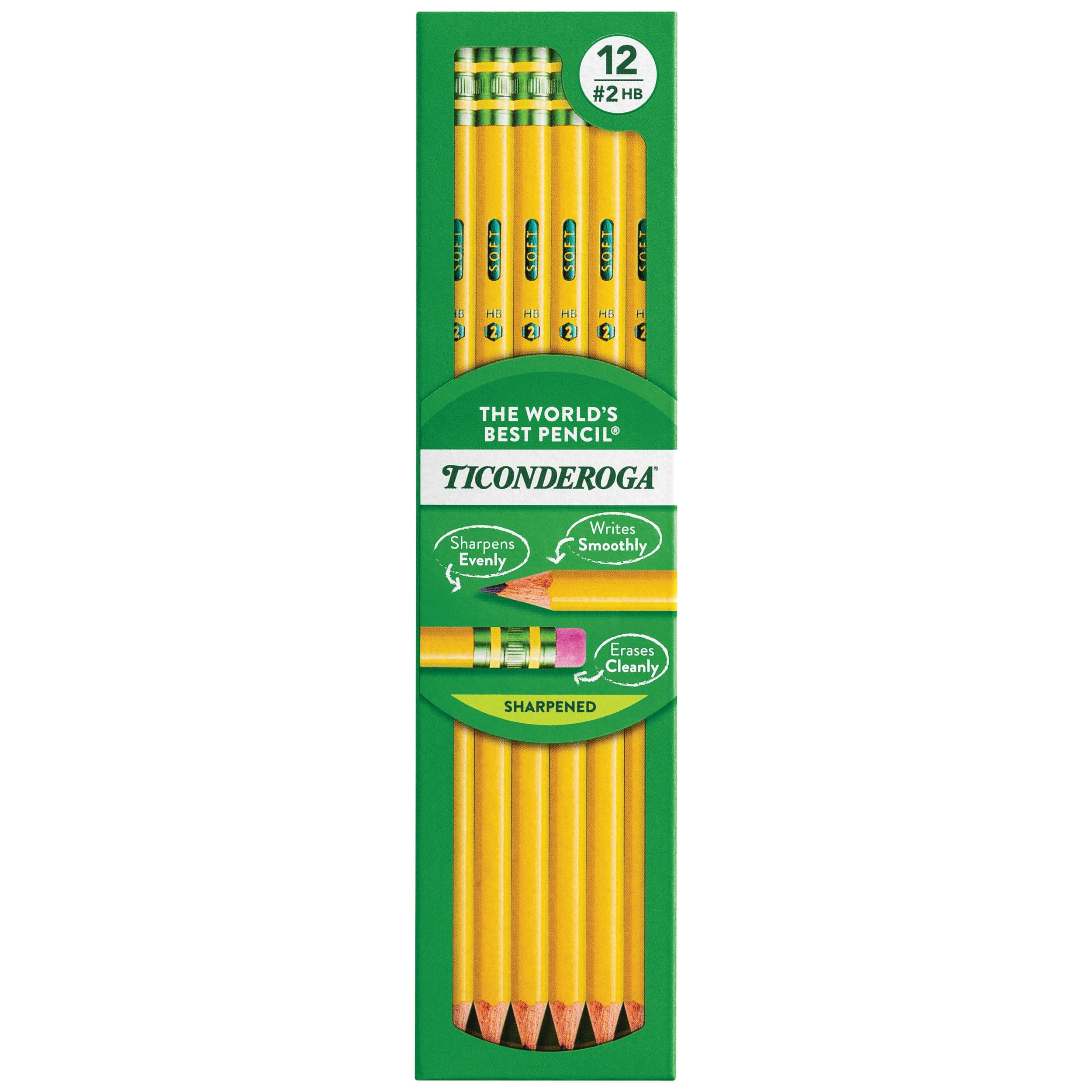 Wood-Cased Pencils, Pre-Sharpened, 2 HB Soft, Yellow, 12 Count
