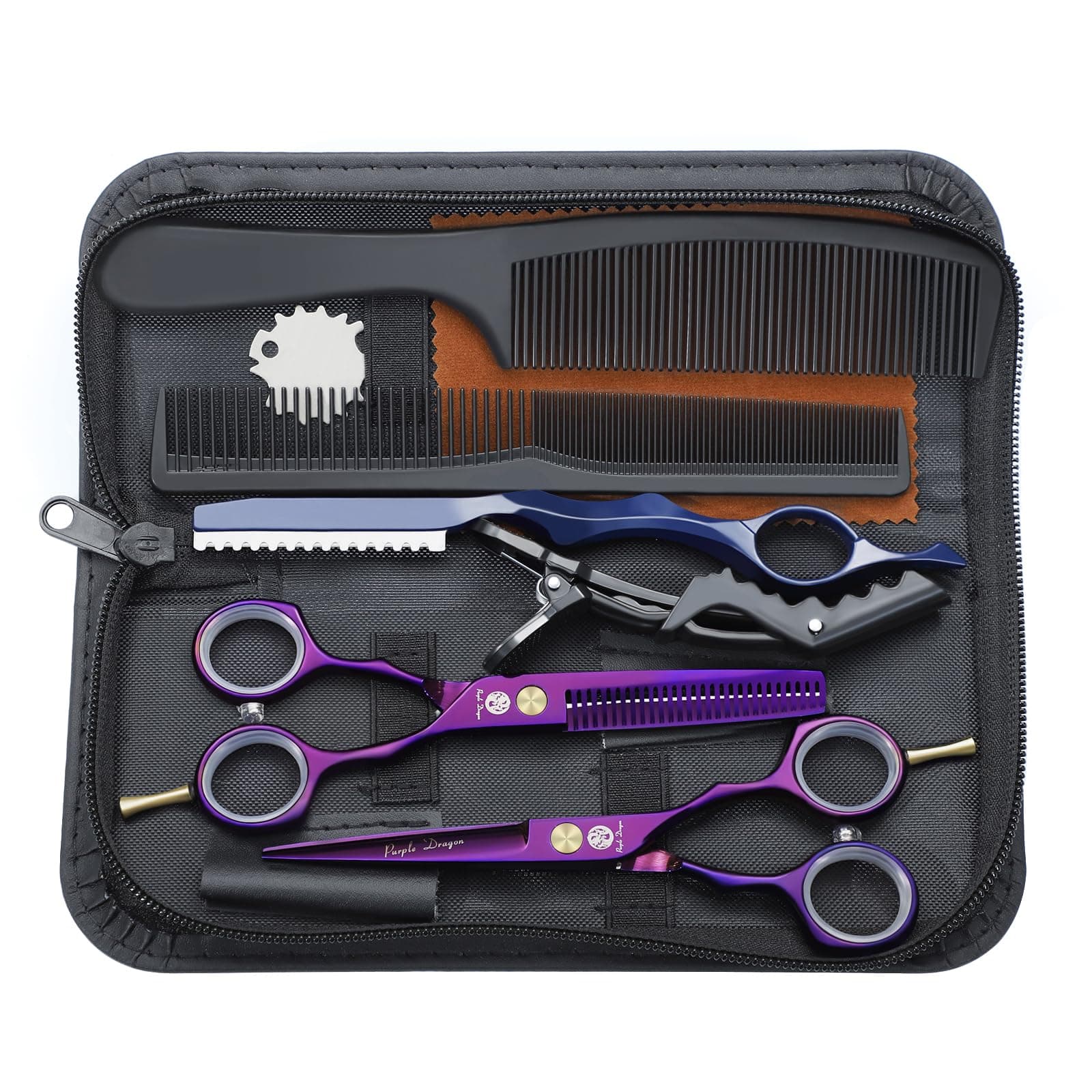 Purple Dragon 5.5 inch Hair Cutting Scissors Set with Razor, Leather Scissors Case, Barber Hair Cutting Shears Hair Thinning/Texturizing Shears for Professional Hairdresser or Home Use (Purple)