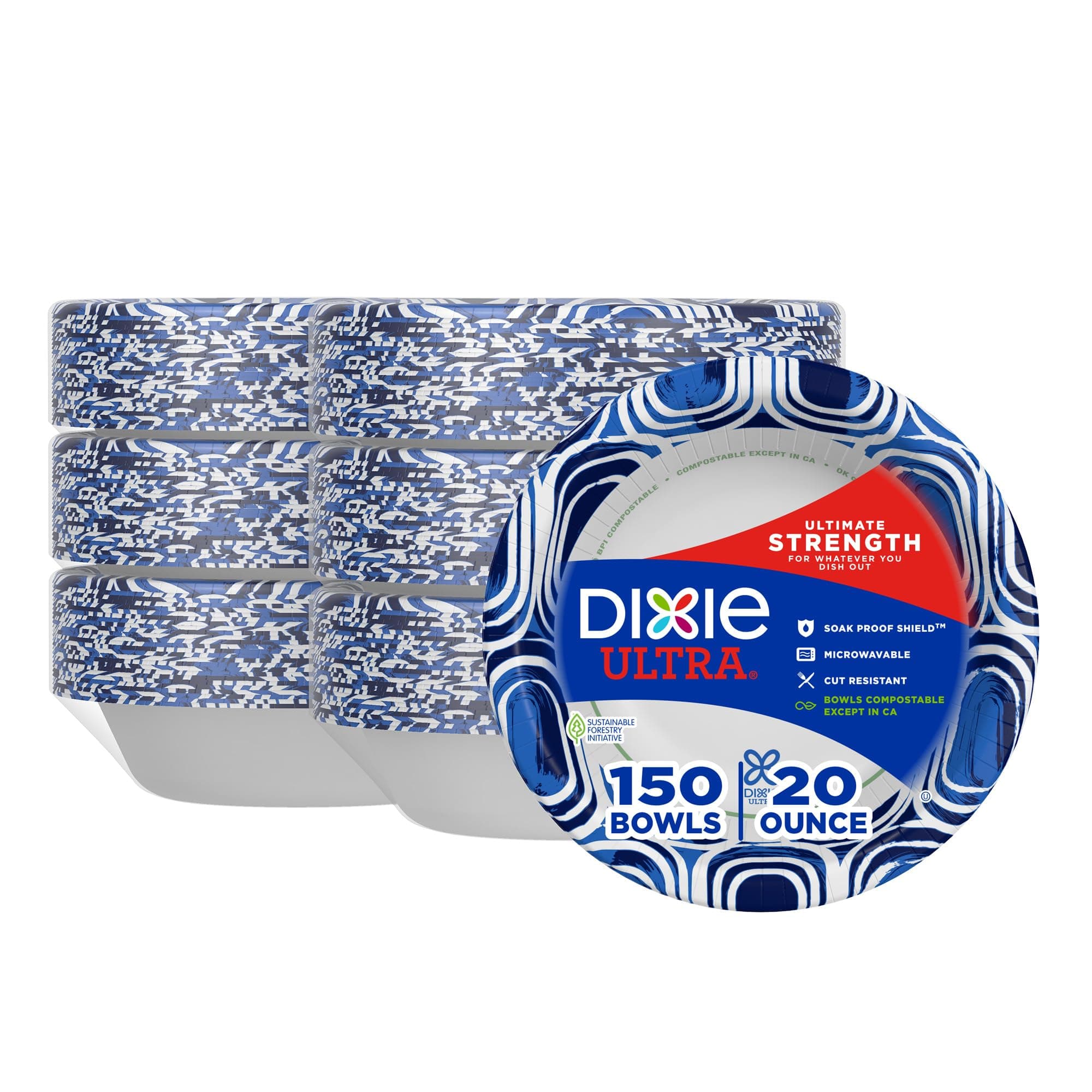 DIXIE ULTRA Paper Bowls, 20 Ounce, Dinner or Lunch Size Printed Disposable Bowls, 156 Count (6 Packs of 26 Bowls)